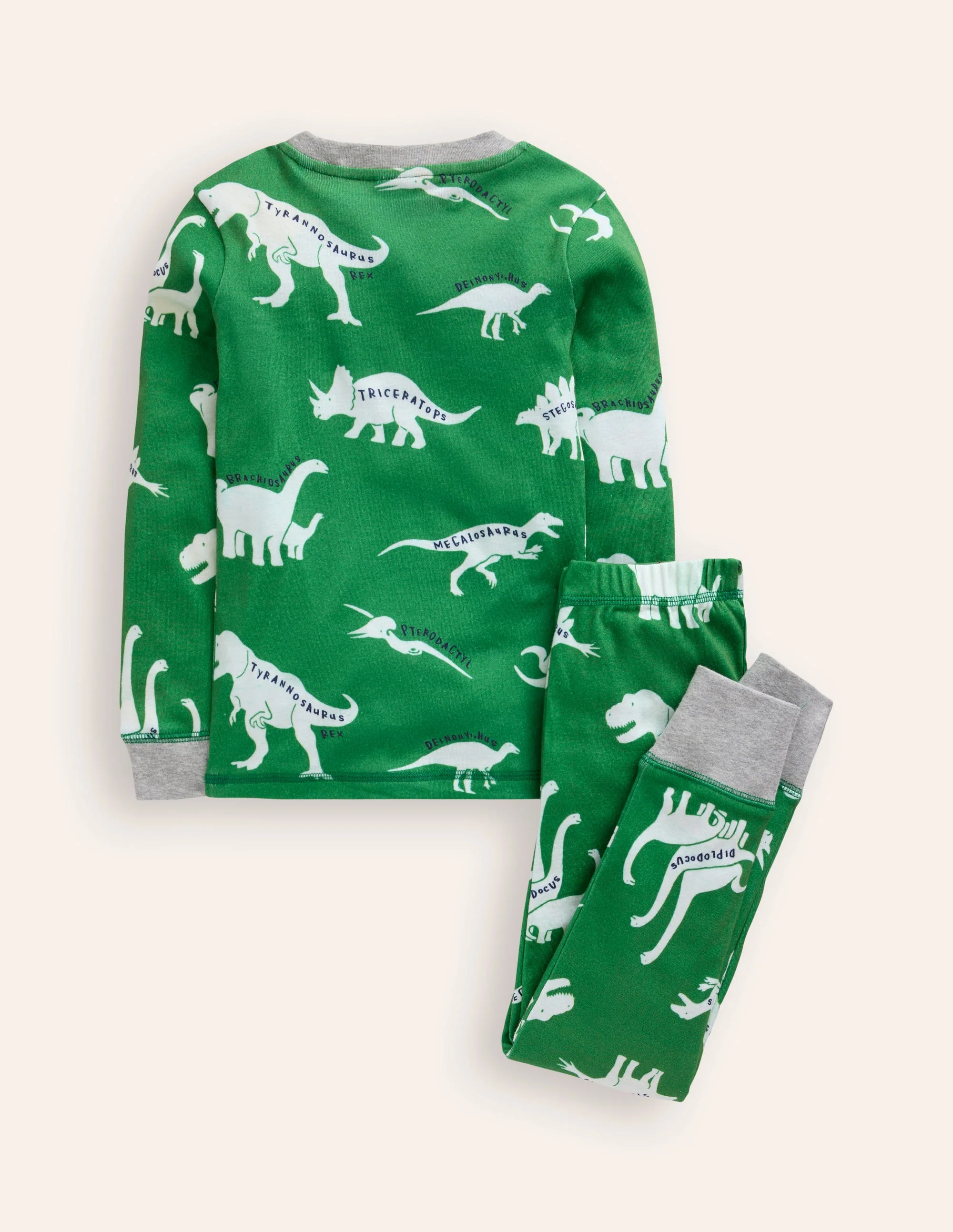 Eng anliegender, im Dunkeln leuchtender Schlafanzug-Schottengrün, Dinosaurier - Image 2