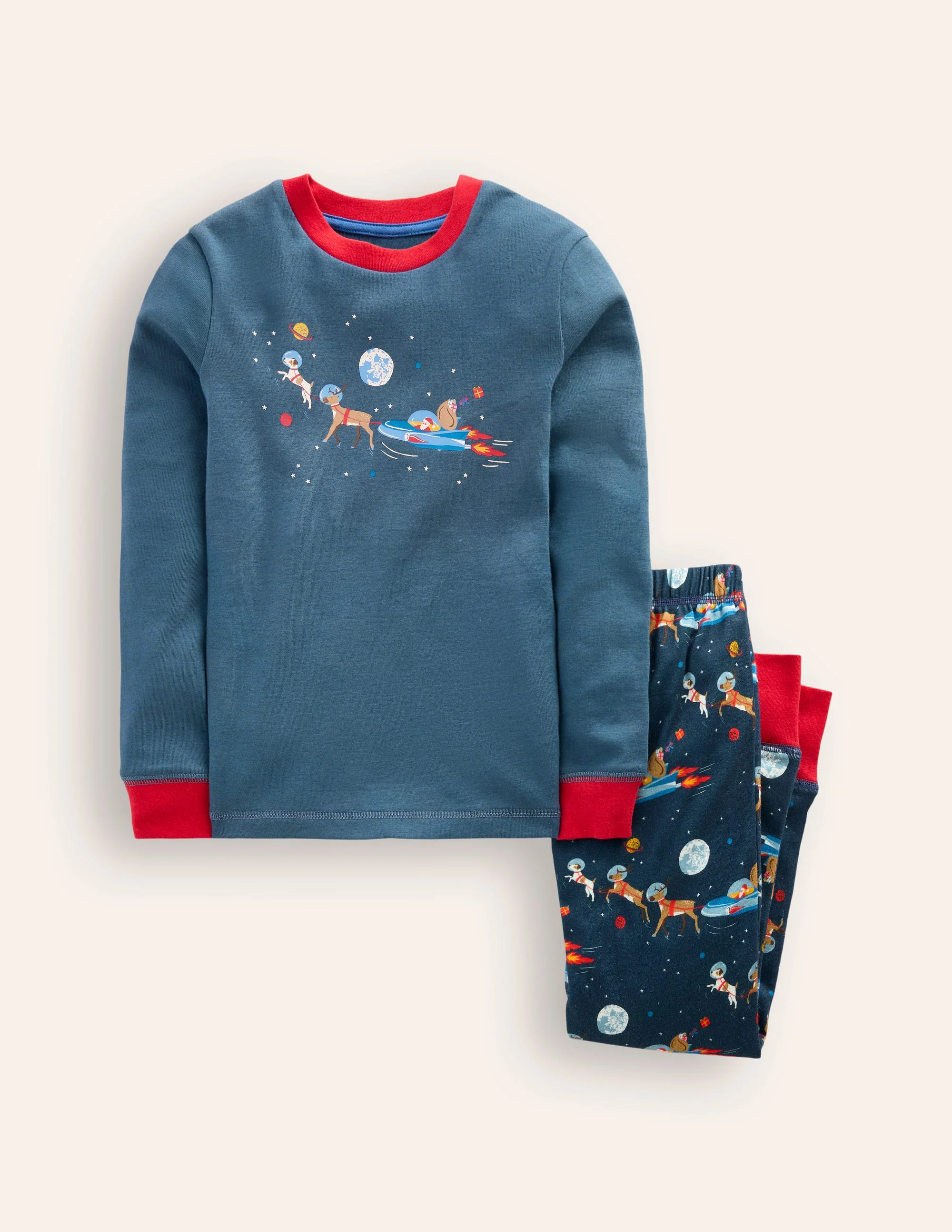 Eng anliegender, langer Schlafanzug-Roboter Blau Weltall Weihnachtsmann