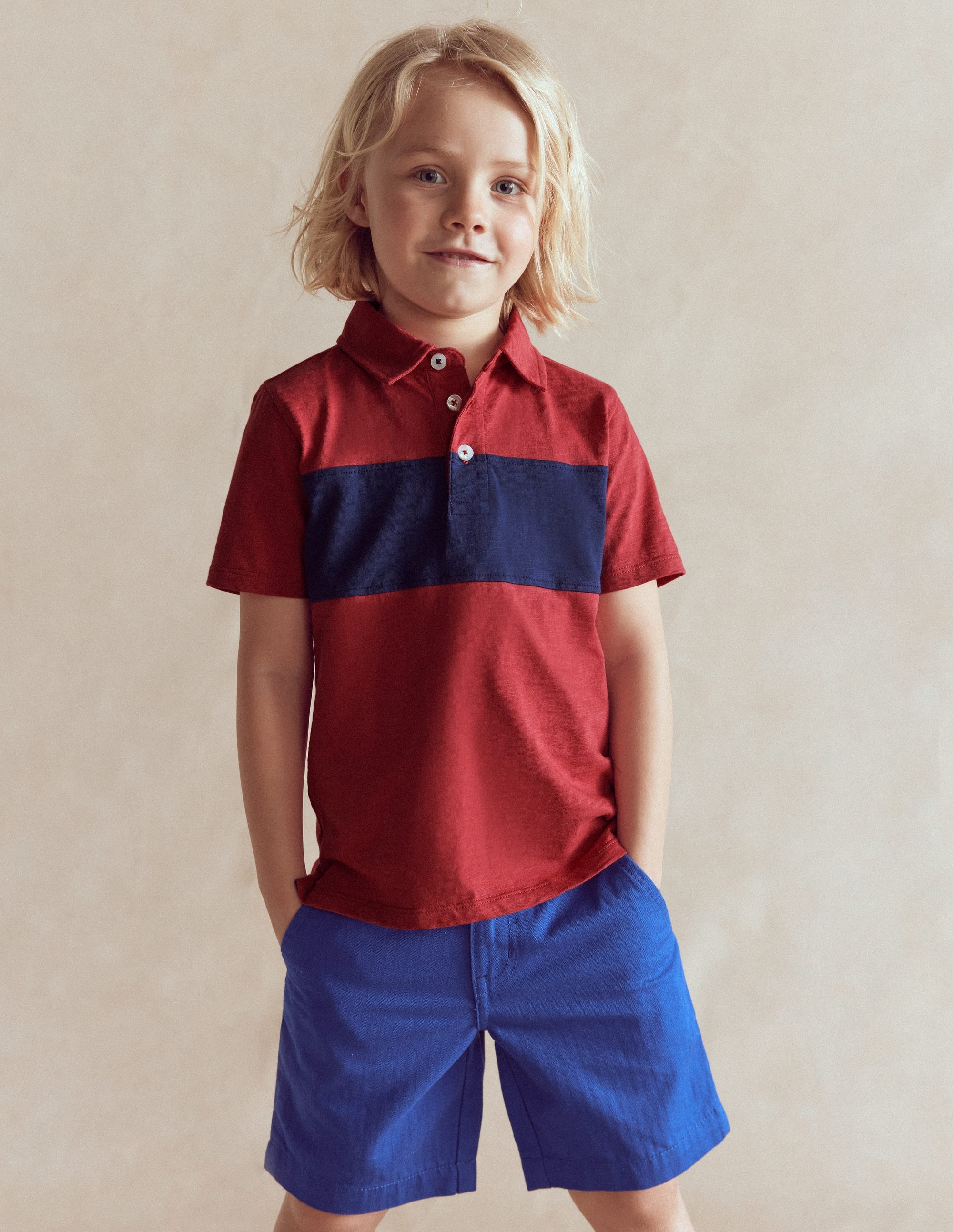 Flammgarn-Polohemd-Konfitüre Rot/Schuluniform-Marineblau