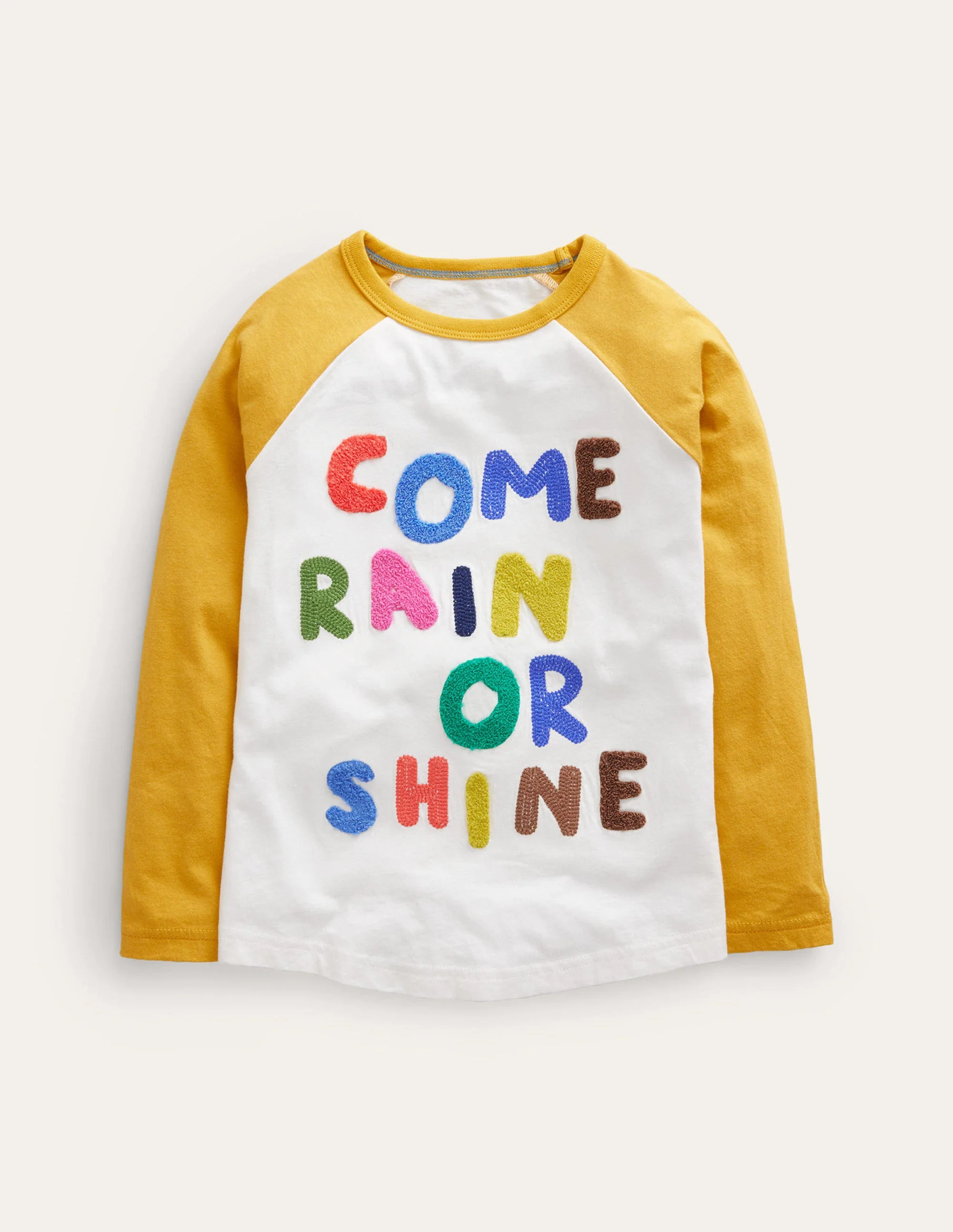 Fröhliches Raglan-T-Shirt-Naturweiß/Stachelbeergelb