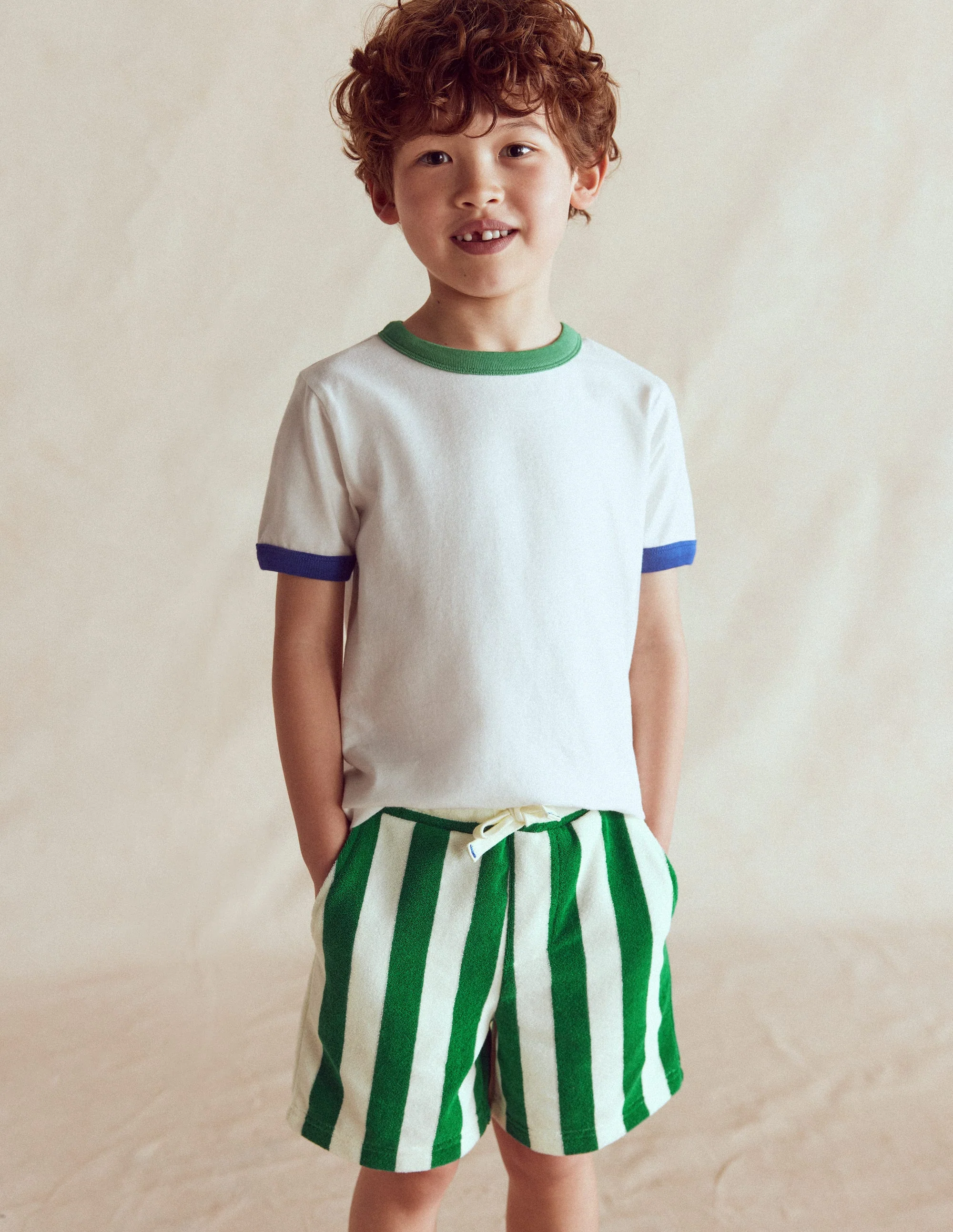 Frottee-Shorts-Grün und Naturweiß Streifen