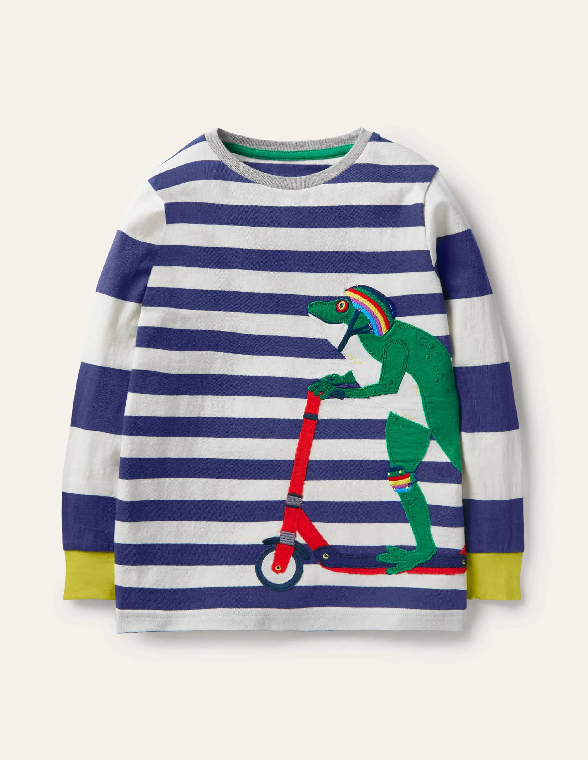 Gestreiftes T-Shirt mit Tierapplikation-Schuluniform-Navy/Naturweiß, Frosch