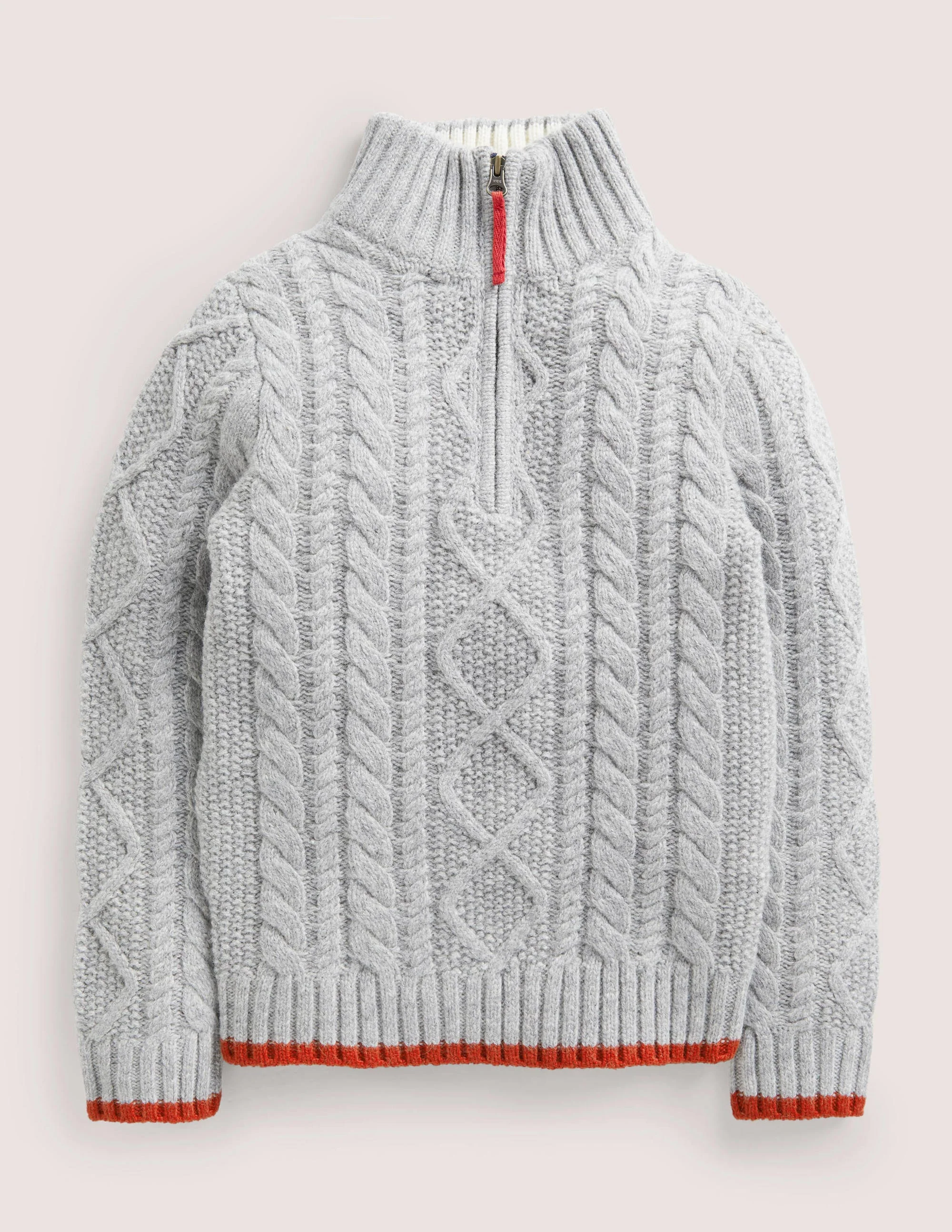 Grey Half Zip Cable Knit Jumper-Grau Meliert, Zopfmuster