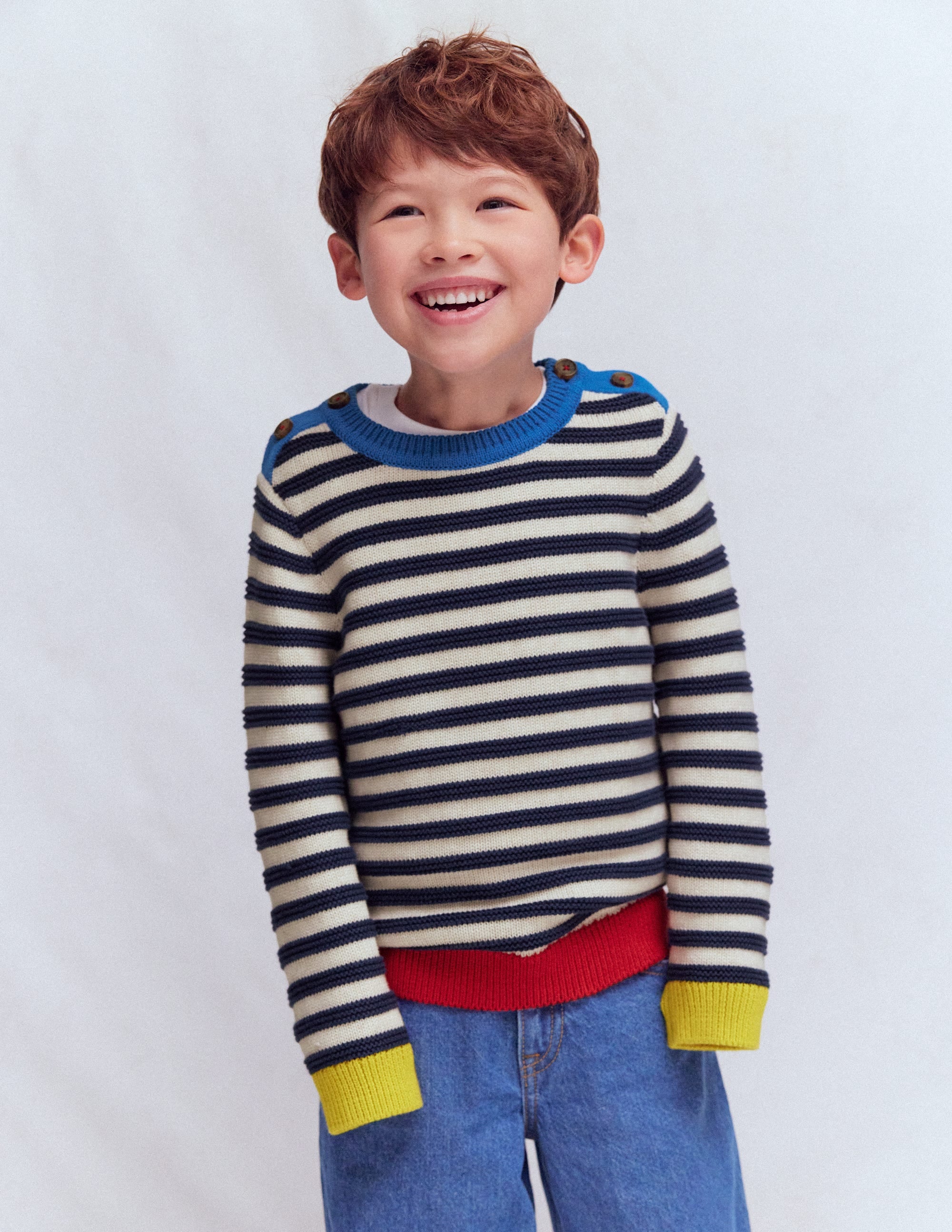 Grobstrickpullover-Marineblau Meliert und Beige Streifen