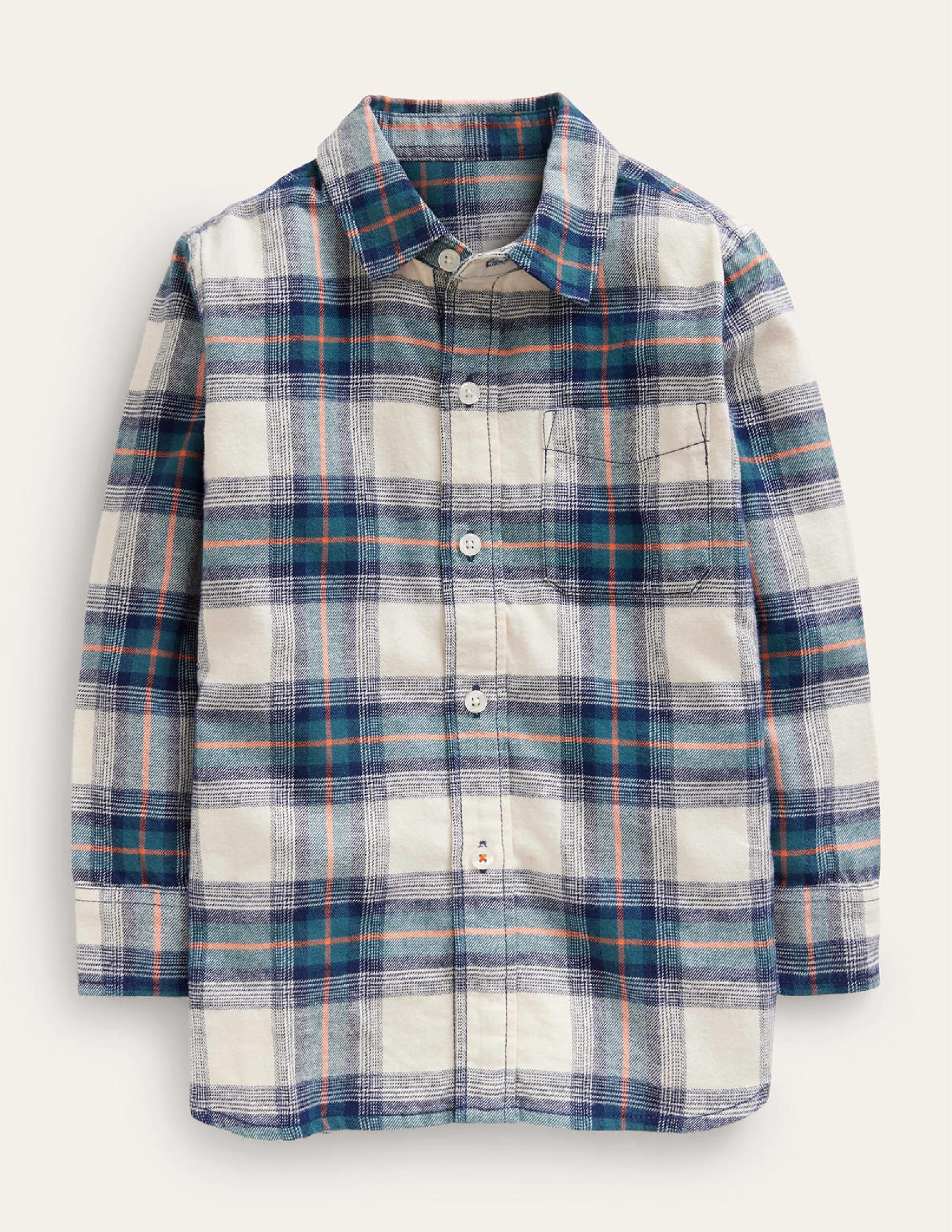 Hemd aus gebürstetem Flanell-Marineblau / Blaugrün / Orange Kariert