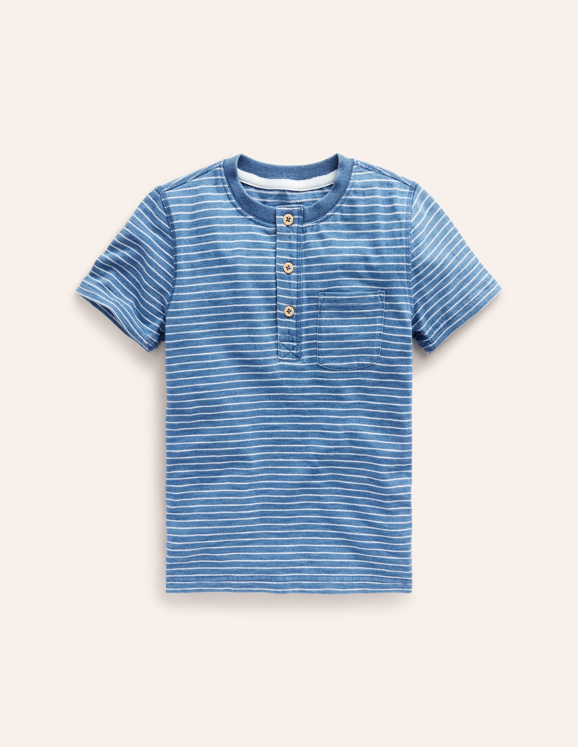 Henley T-Shirt aus gewaschener Baumwolle-Indigo Streifen