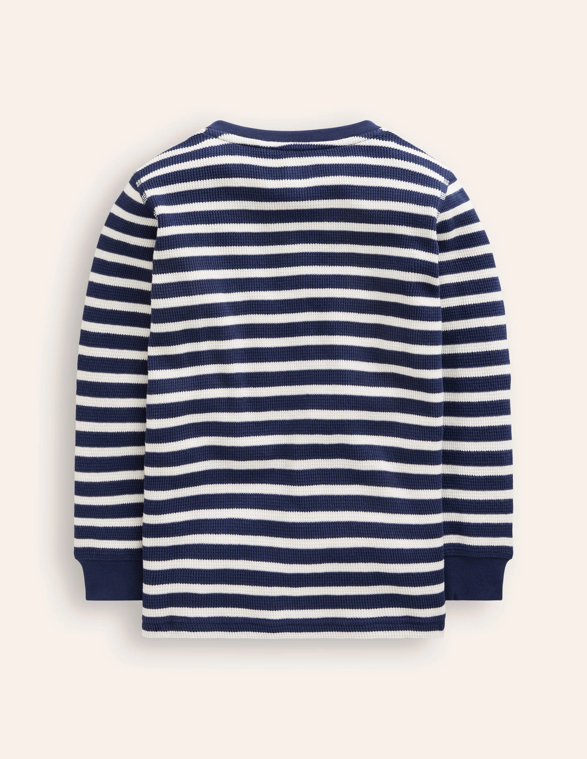 Henley-T-Shirt mit Waffelmuster-Schuluniform-Marineblau und Naturweiß gestreift - Image 2