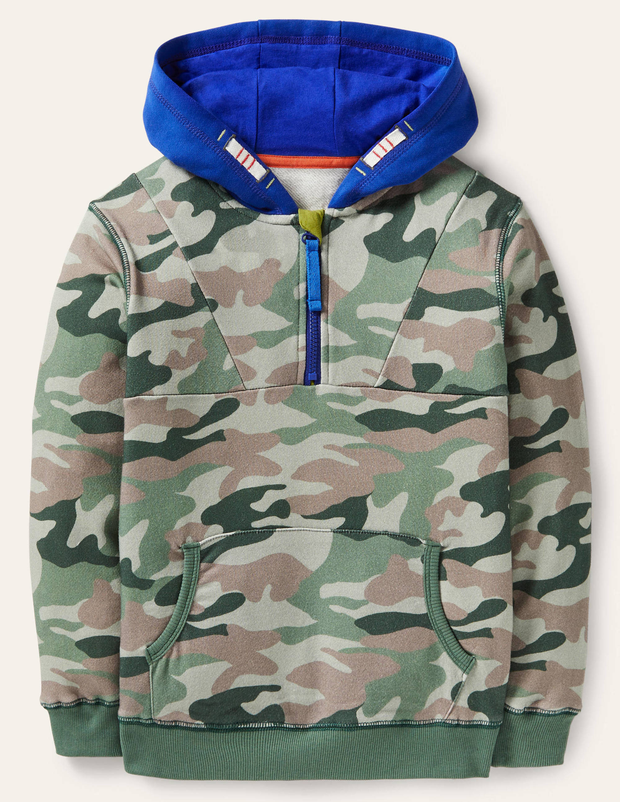 Hoodie in Blockfarben mit halbem Reißverschluss-Grün, Camouflagemuster
