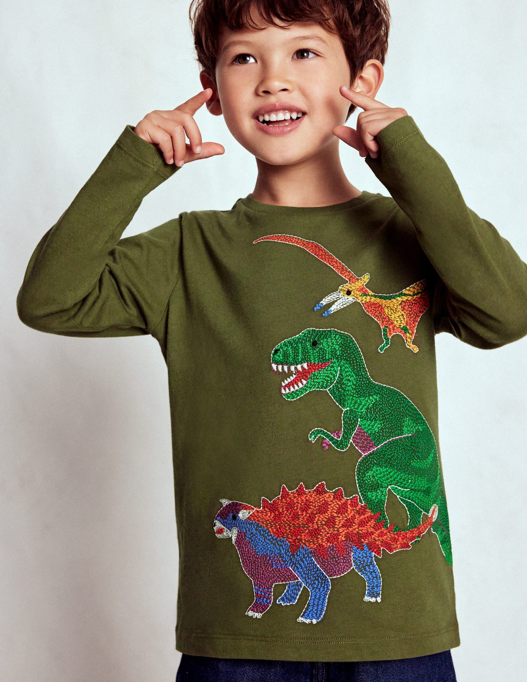 Im Dunkeln leuchtendes T-Shirt mit Superstitch-Wintermoos Dino