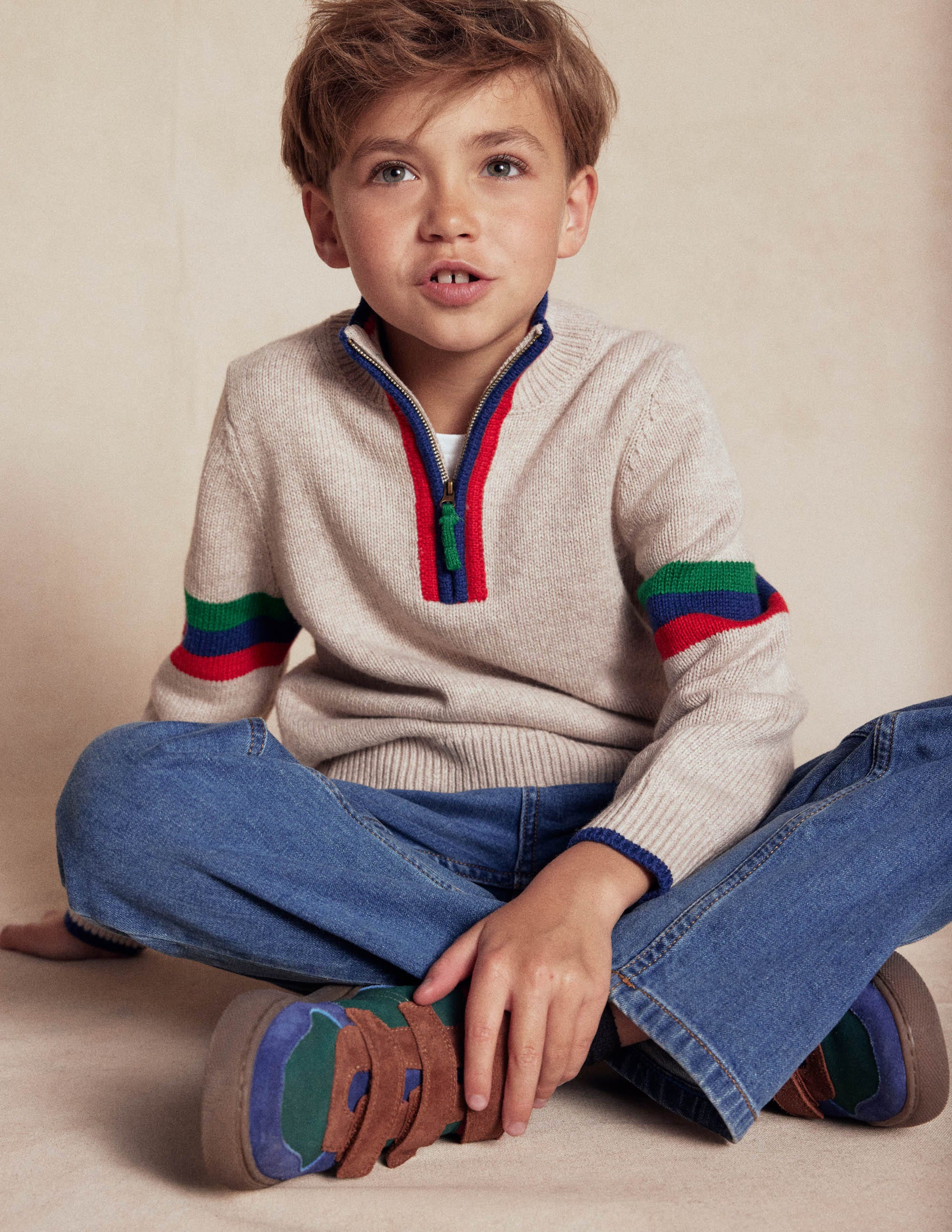 Klassischer Pullover mit halblangem Reißverschluss-Beige Meliert - Image 4