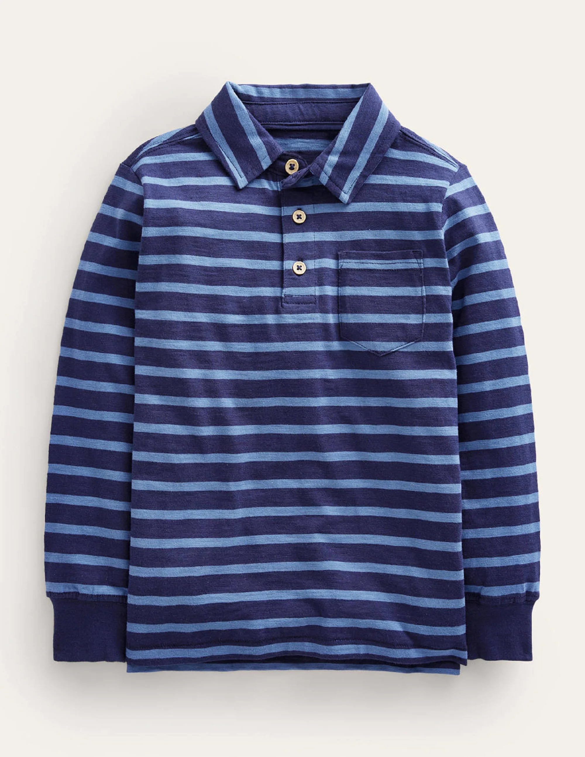 Langärmliges Flammgarn-Poloshirt mit Streifen-Blau