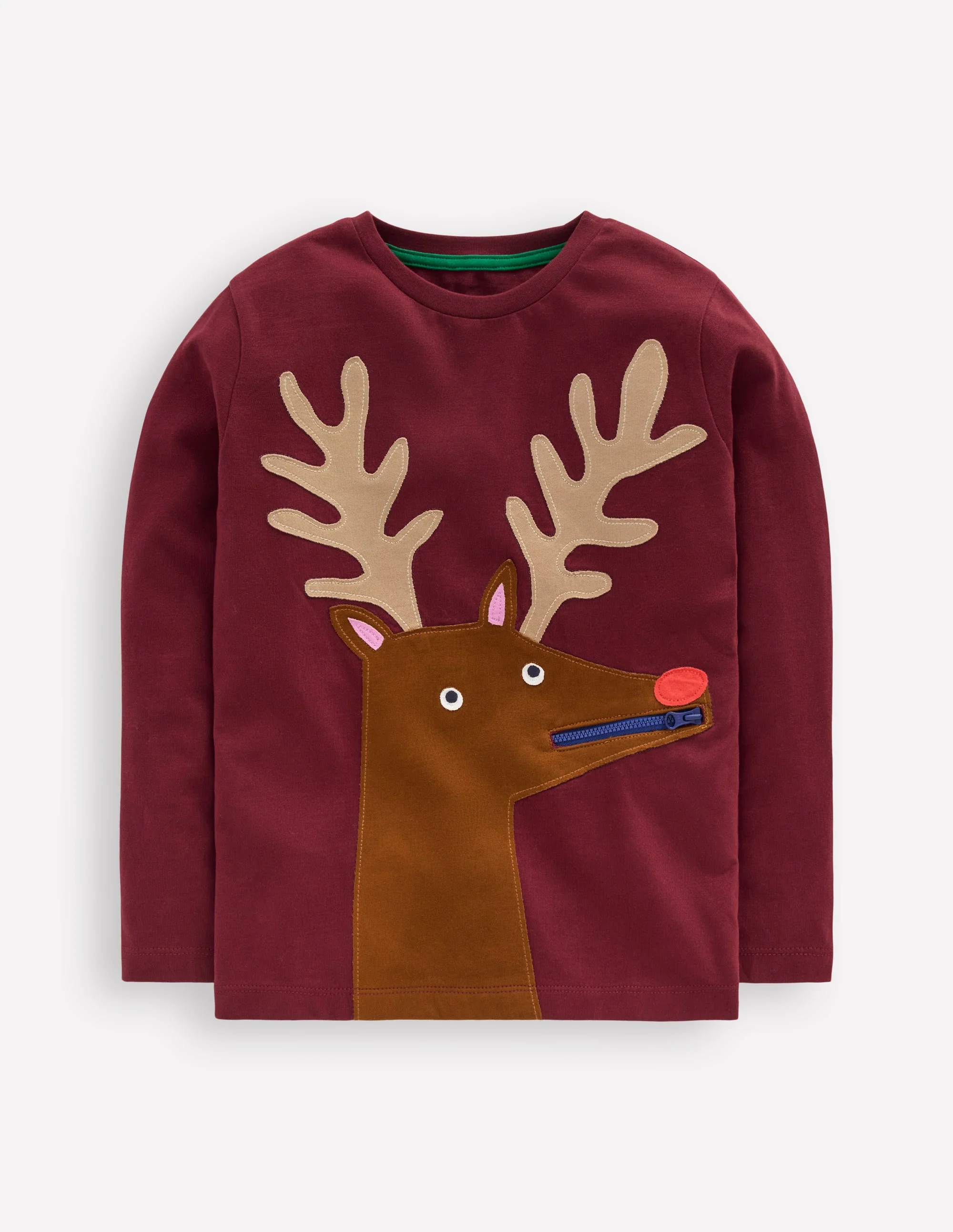 Langarmshirt mit Applikation und Reißverschlussdetail-Portwein Rentier