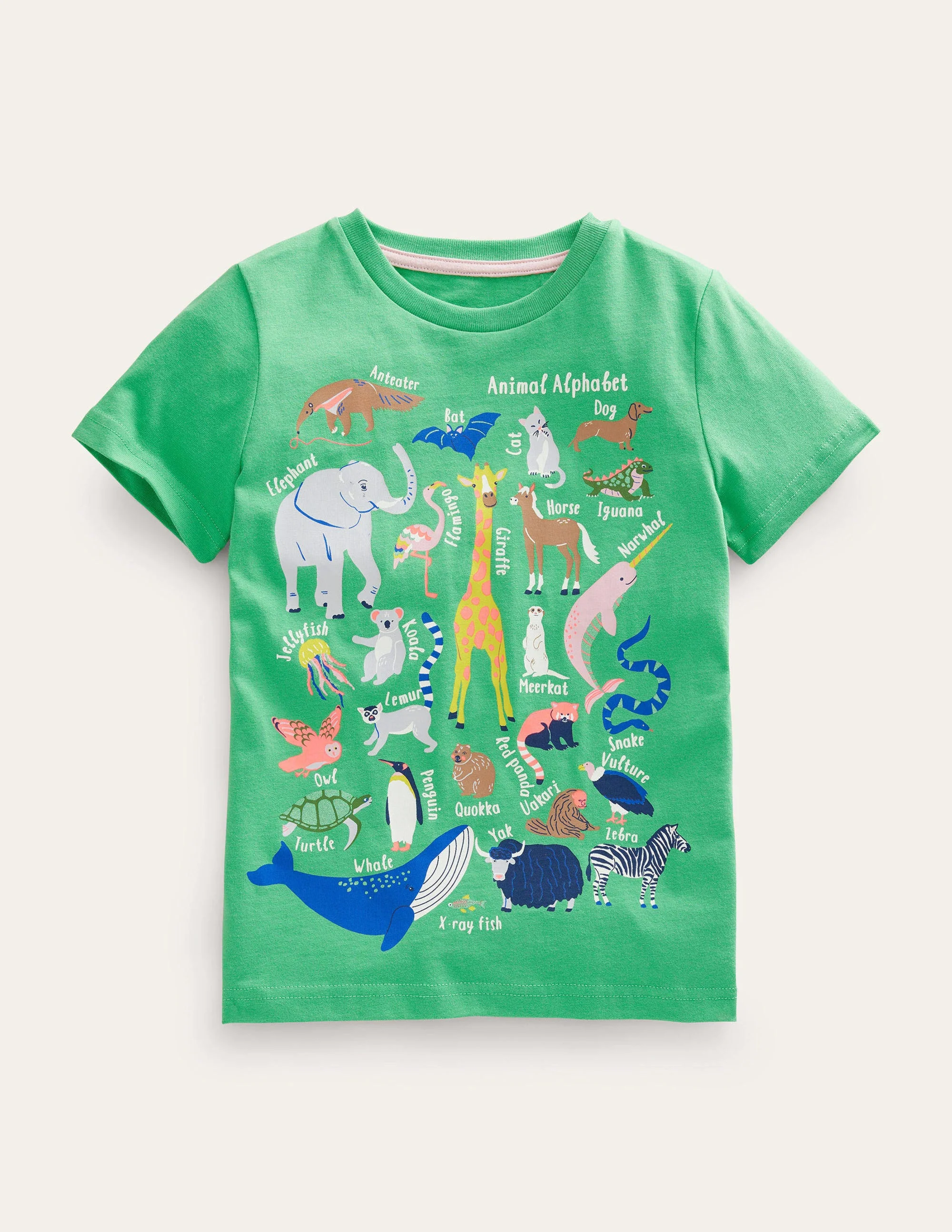 Lehrreiches T-Shirt mit Tiermotiv-Aloe-Vera-Grün, Tieralphabet