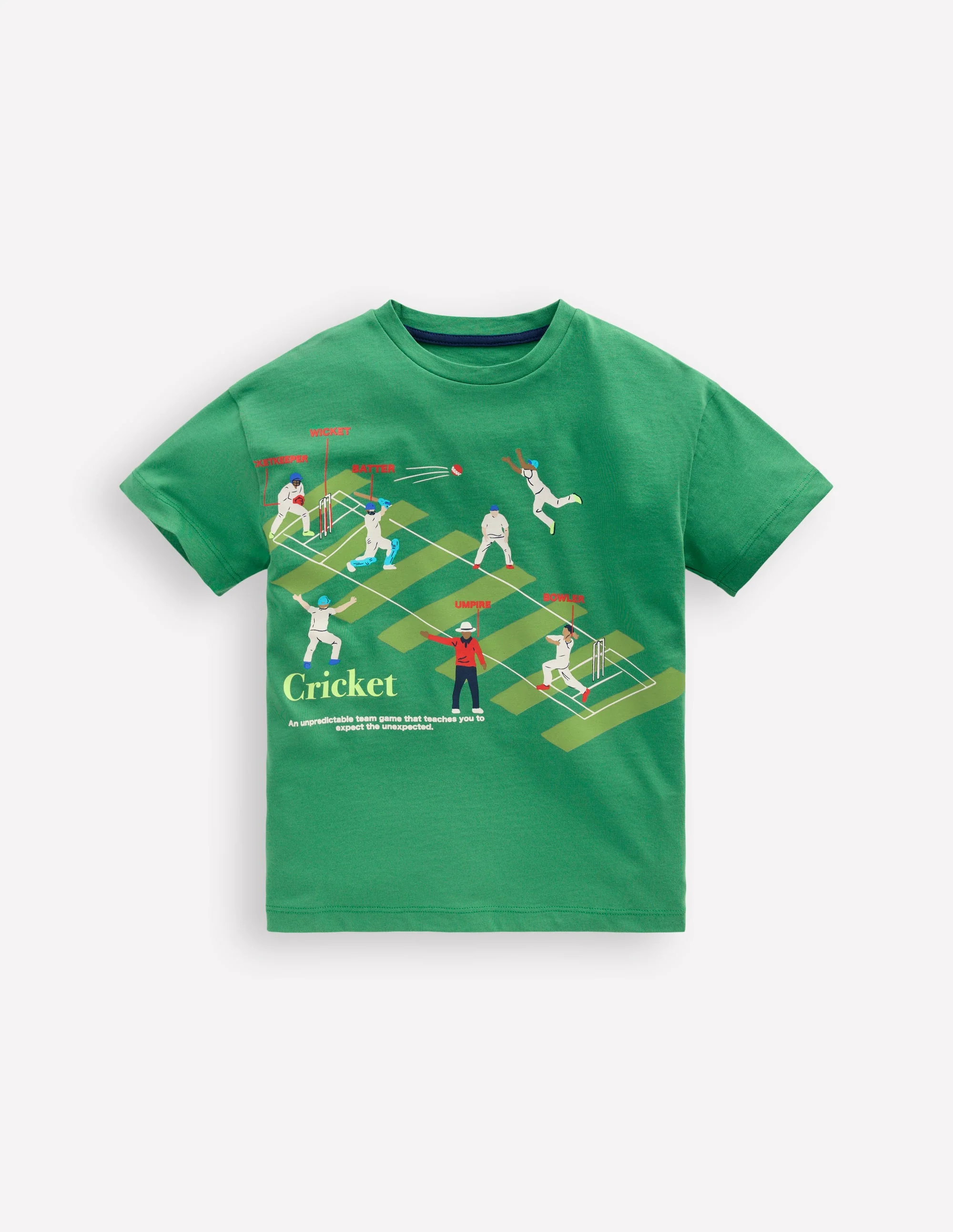 Lockeres T-Shirt mit Sportgrafik-Sattes Smaragdgrün Cricket