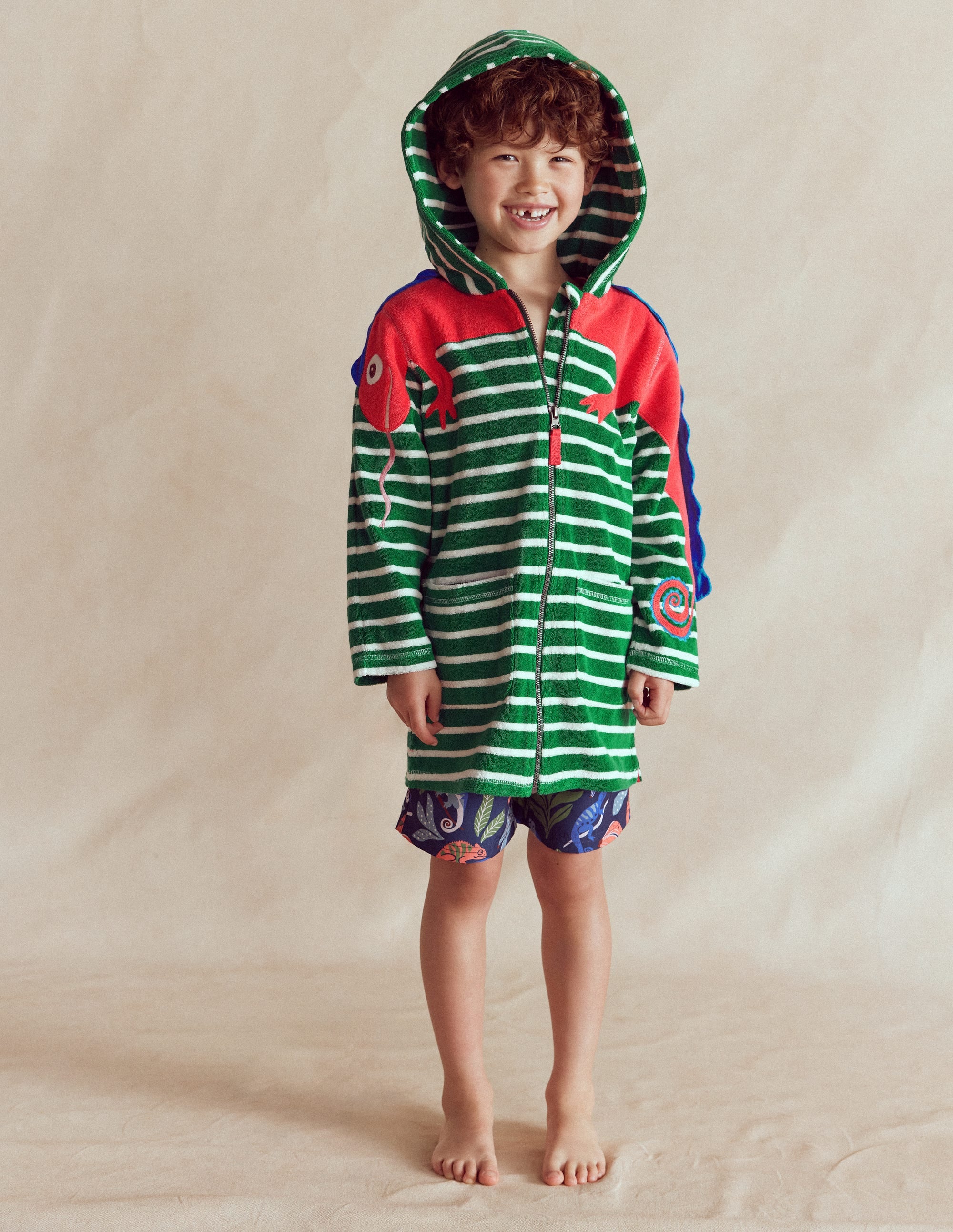 Origineller Frottee-Badeponcho mit Reißverschluss-Chamäleon Grün Streifen - Image 2