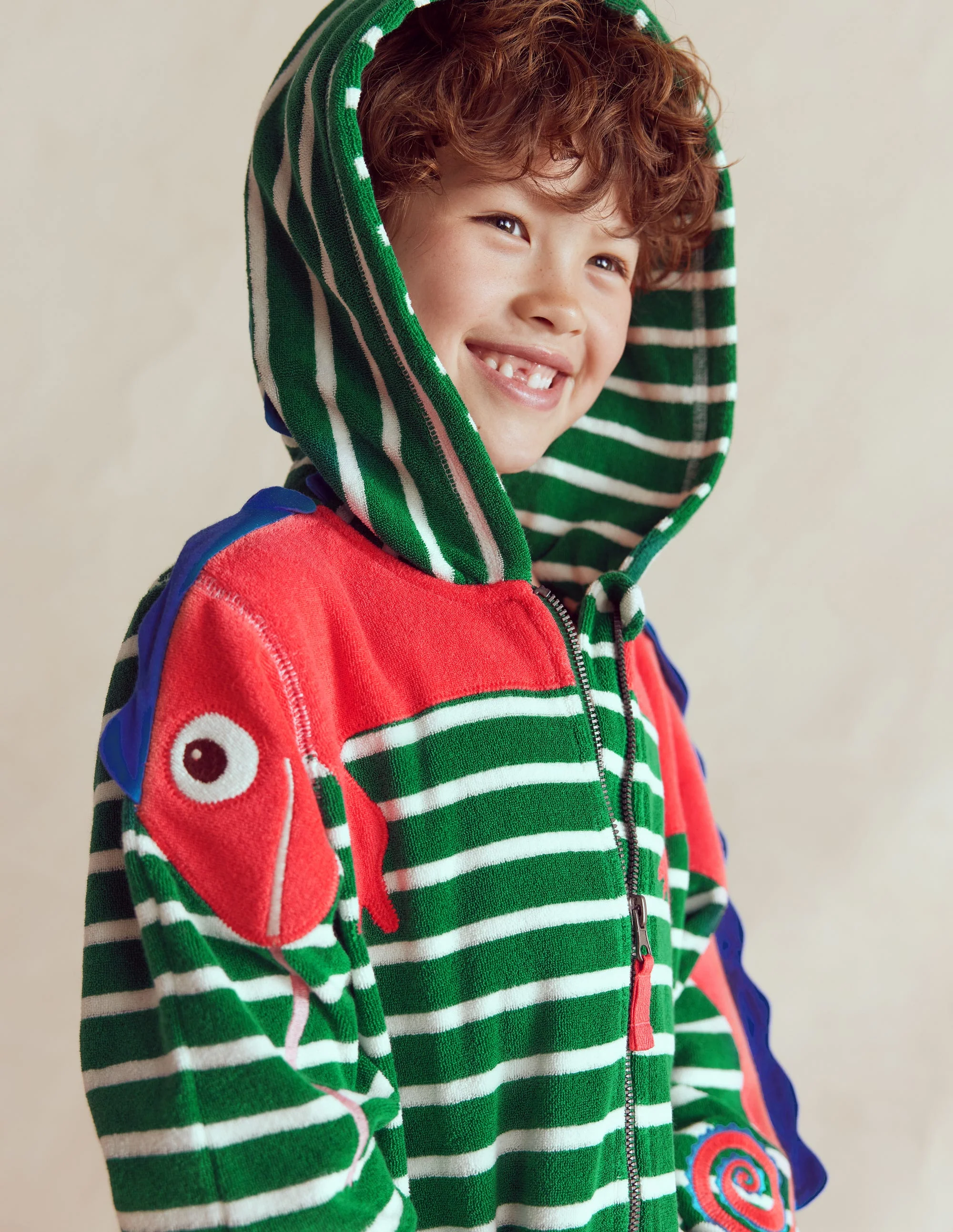 Origineller Frottee-Badeponcho mit Reißverschluss-Chamäleon Grün Streifen - Image 3