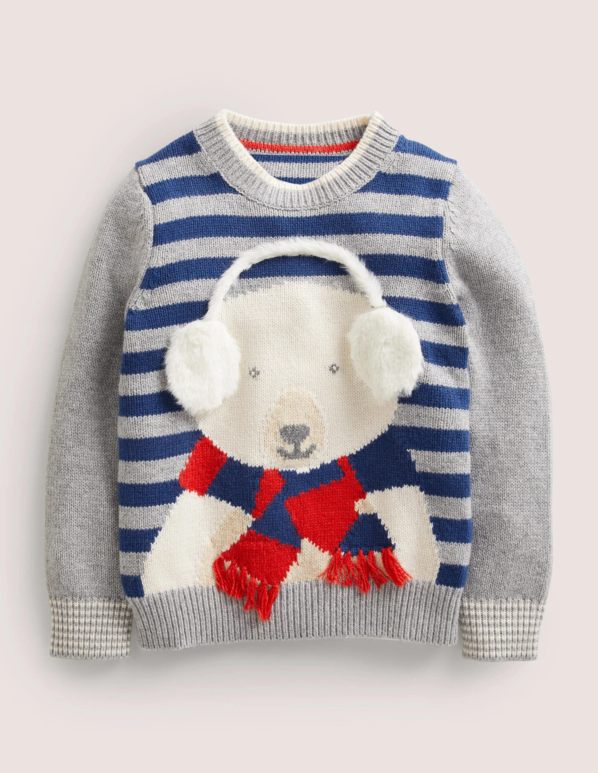 Pullover mit 3D-Polarbär-Navy/Grau, Gestreift, Polarbär