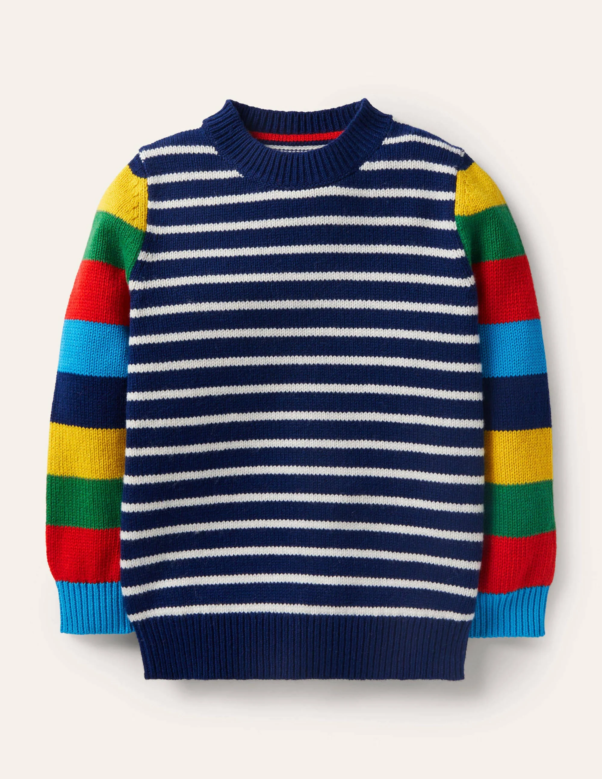 Pullover mit Rundhalsausschnitt und Blockfarben-Schuluniform-Navy/Regenbogen
