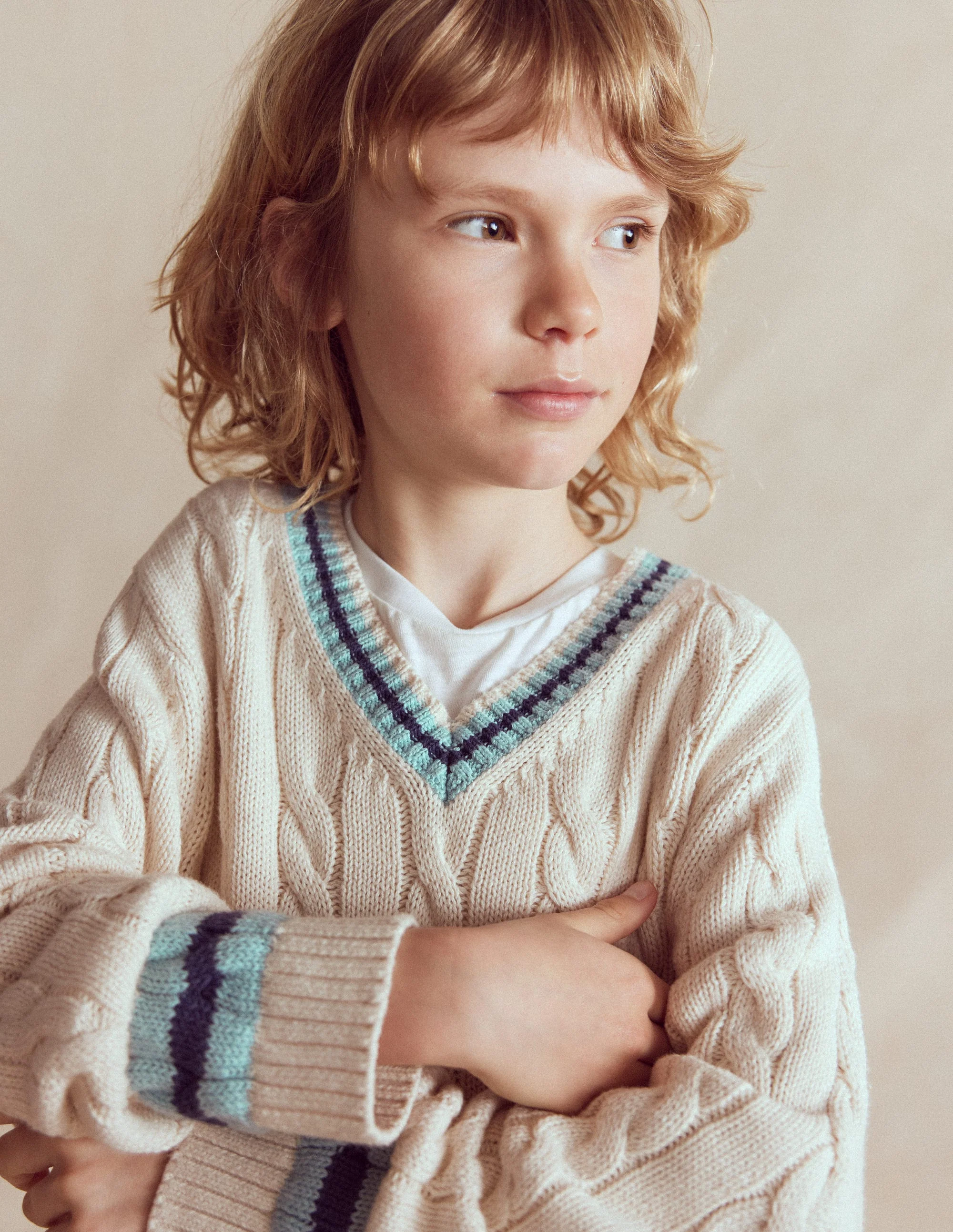 Pullover mit V-Ausschnitt und Zopfmuster-Naturweiß - Image 2