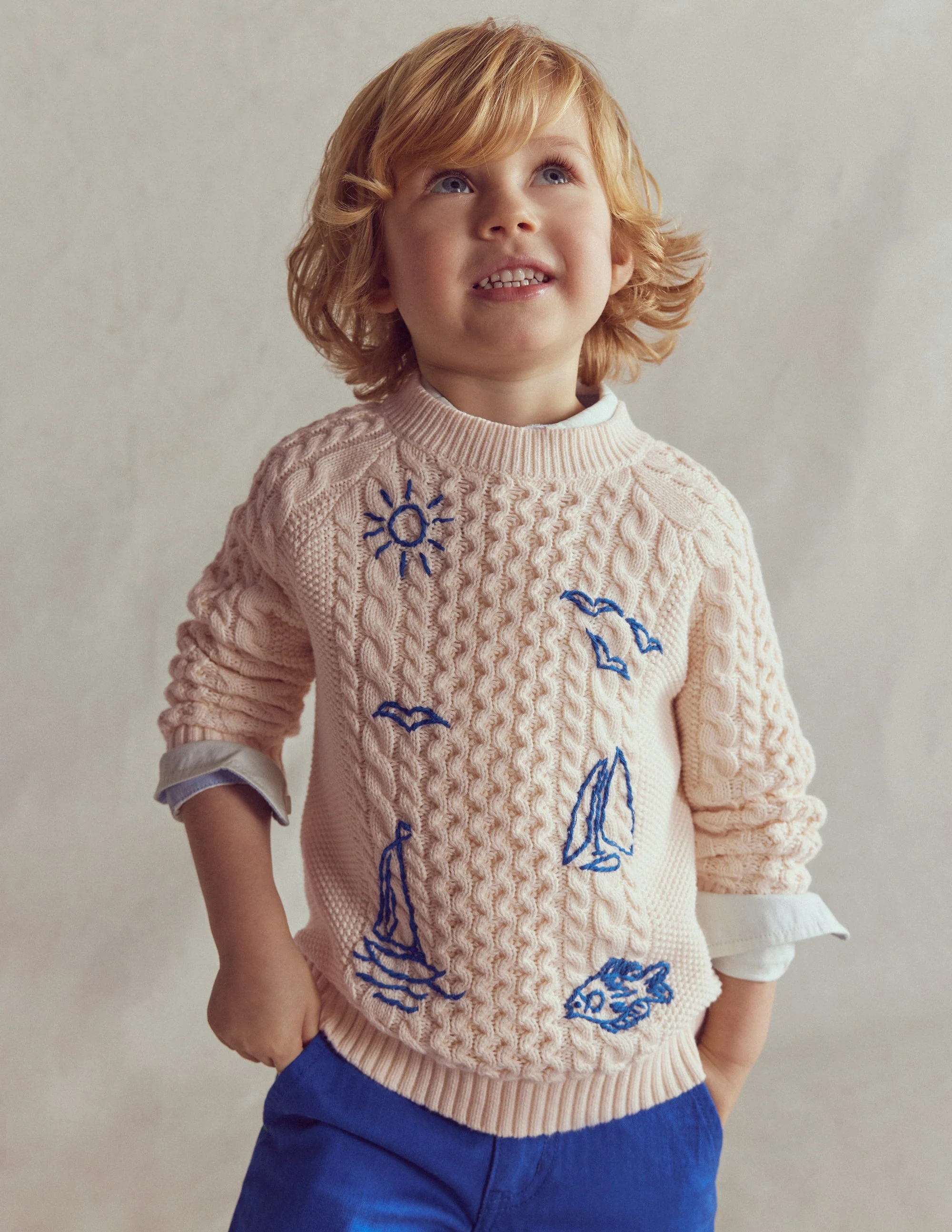 Pullover mit Zopfmuster und Stickerei-Warmes Naturweiß - Image 3