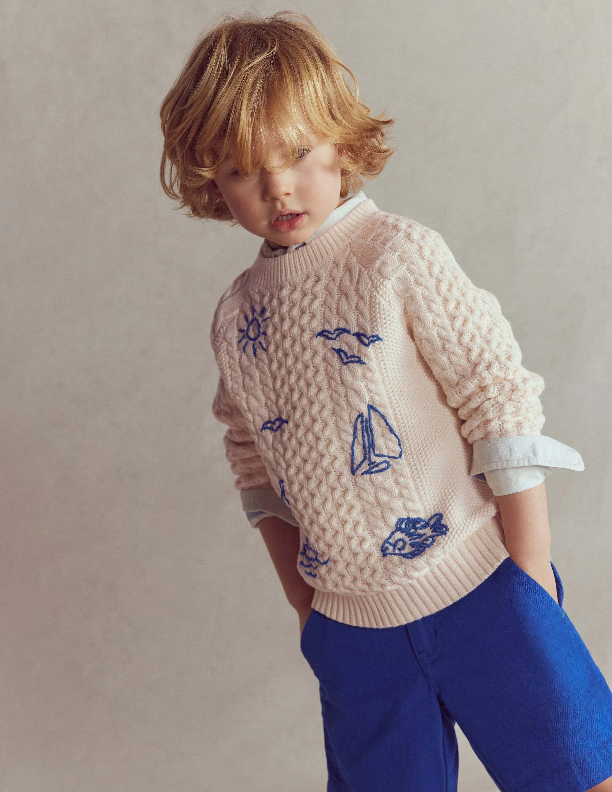 Pullover mit Zopfmuster und Stickerei-Warmes Naturweiß - Image 5