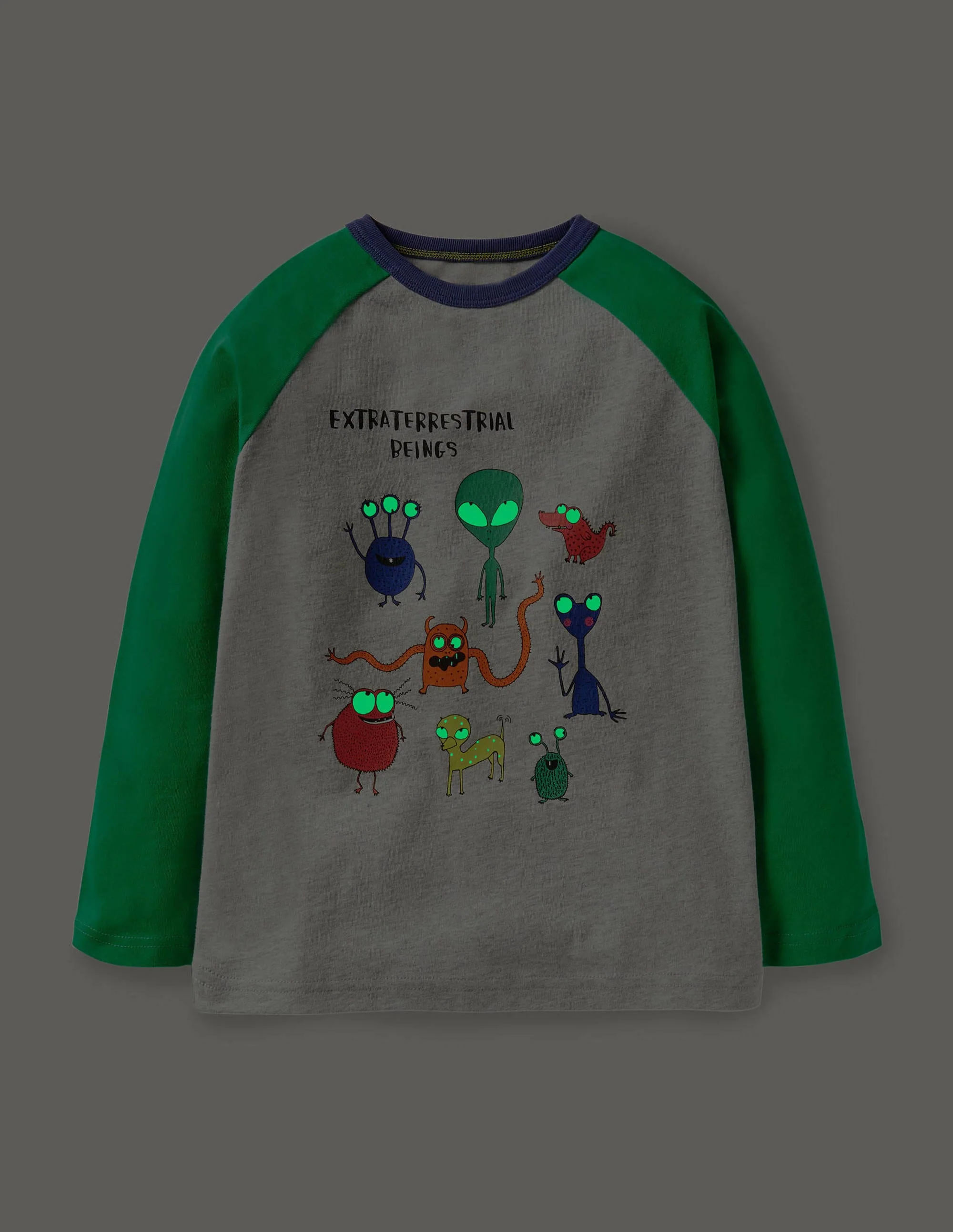Raglan-Oberteil mit leuchtendem Weltallmotiv-Grau Meliert/Grün, Aliens - Image 4