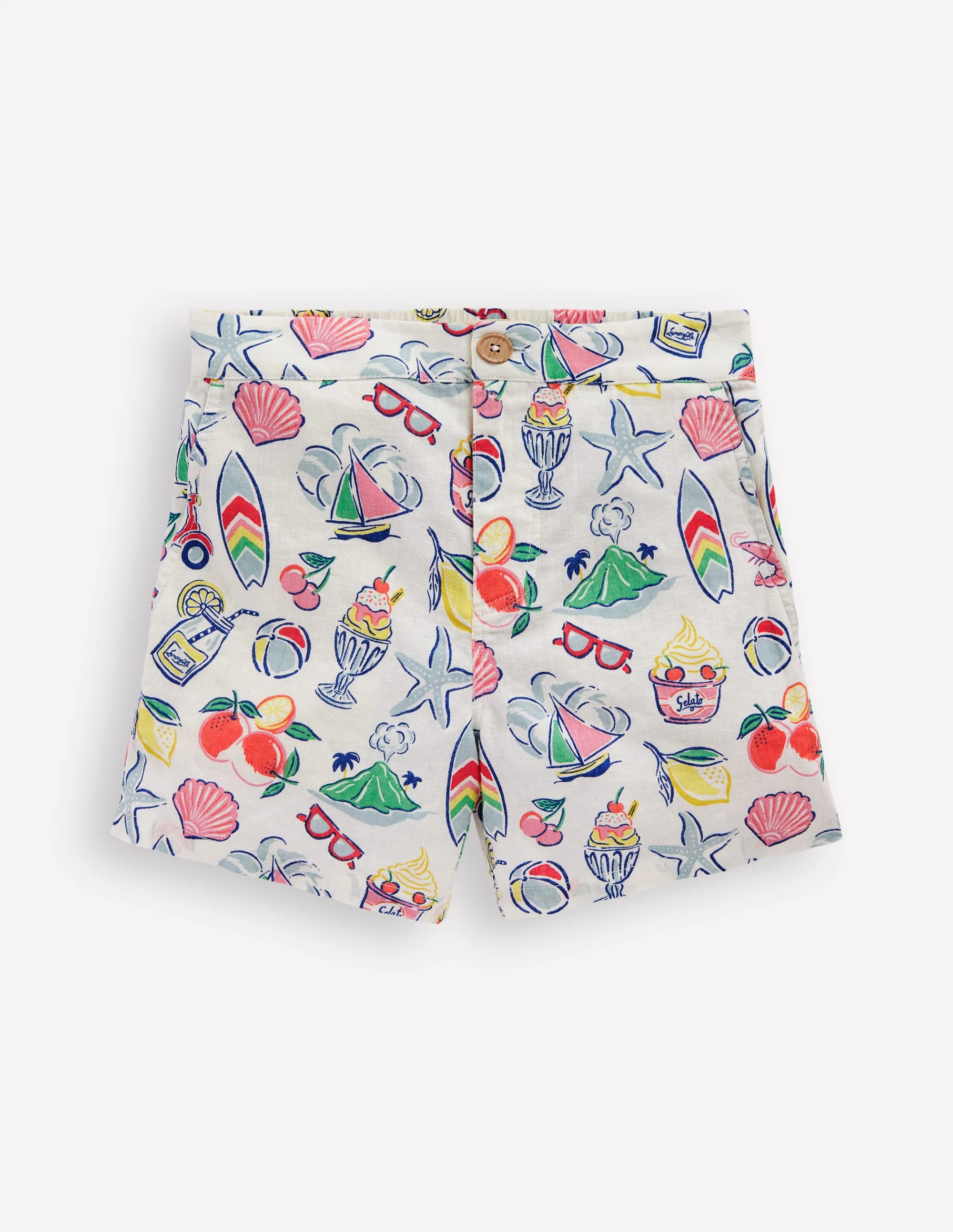 Shorts aus Baumwollleinen-Elfenbein, Urlaubsmotiv