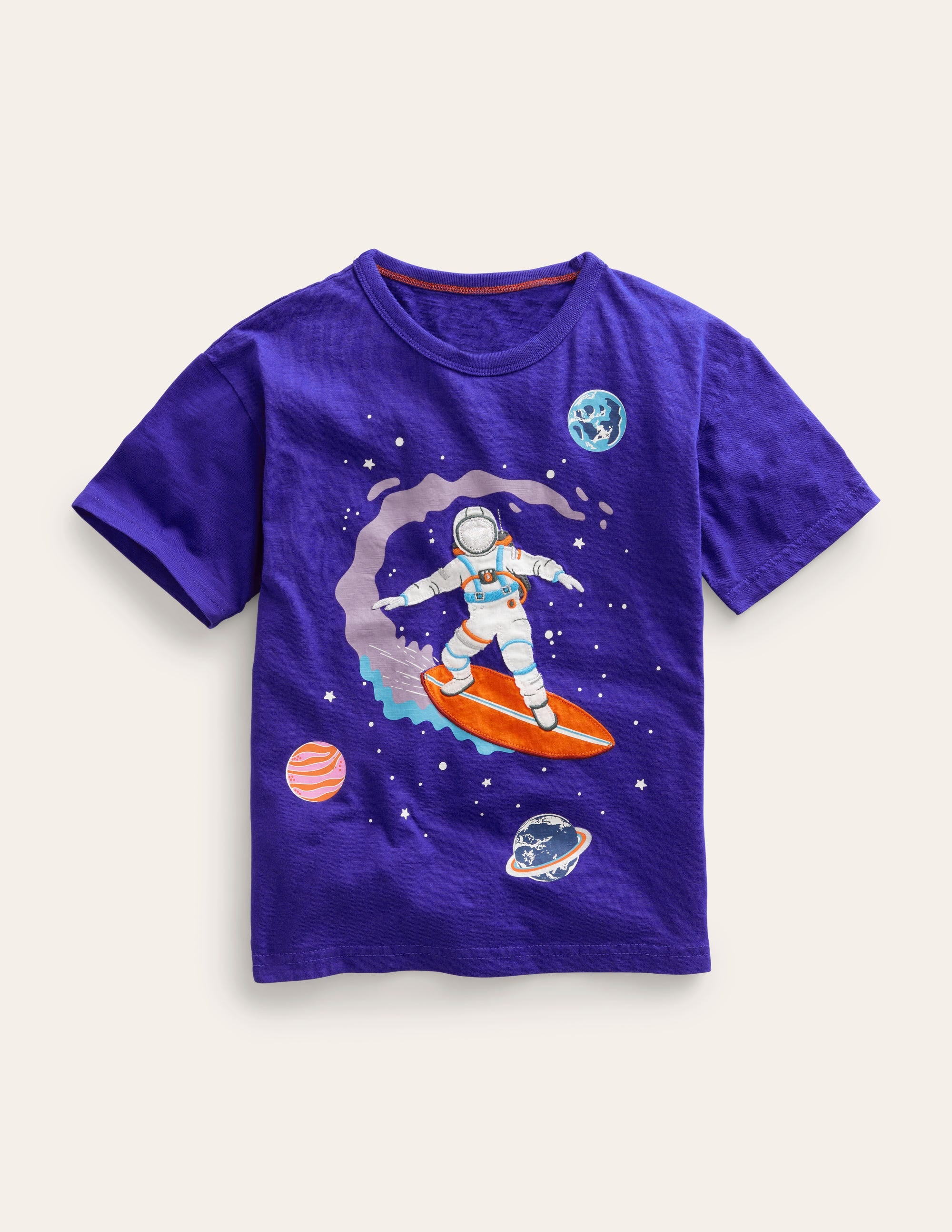 T-Shirt aus Baumwolle mit Weltraum-Druck-Blau Meliert Surfer