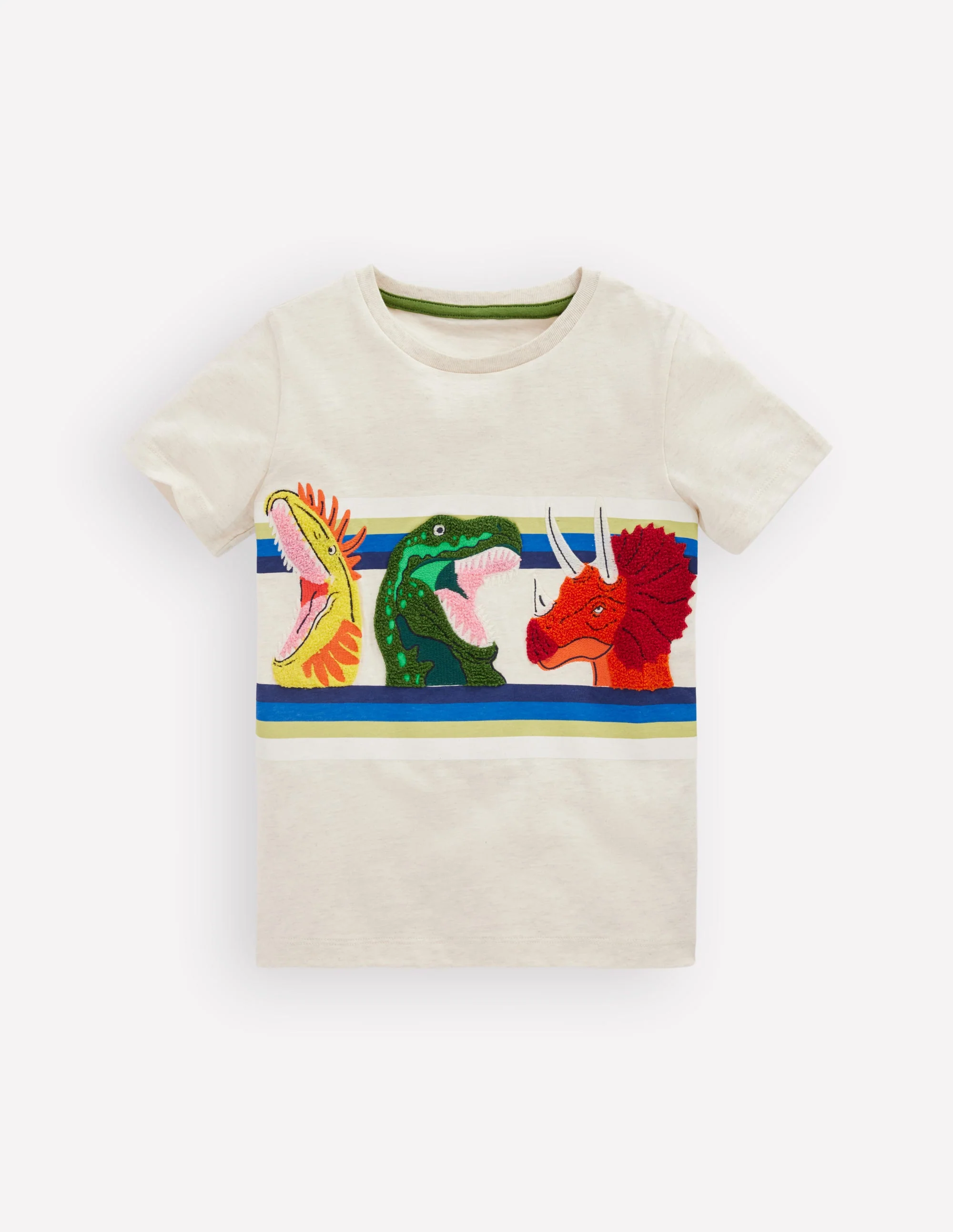 T-Shirt mit Applikation-Haferbeige Meliert Dino Streifen