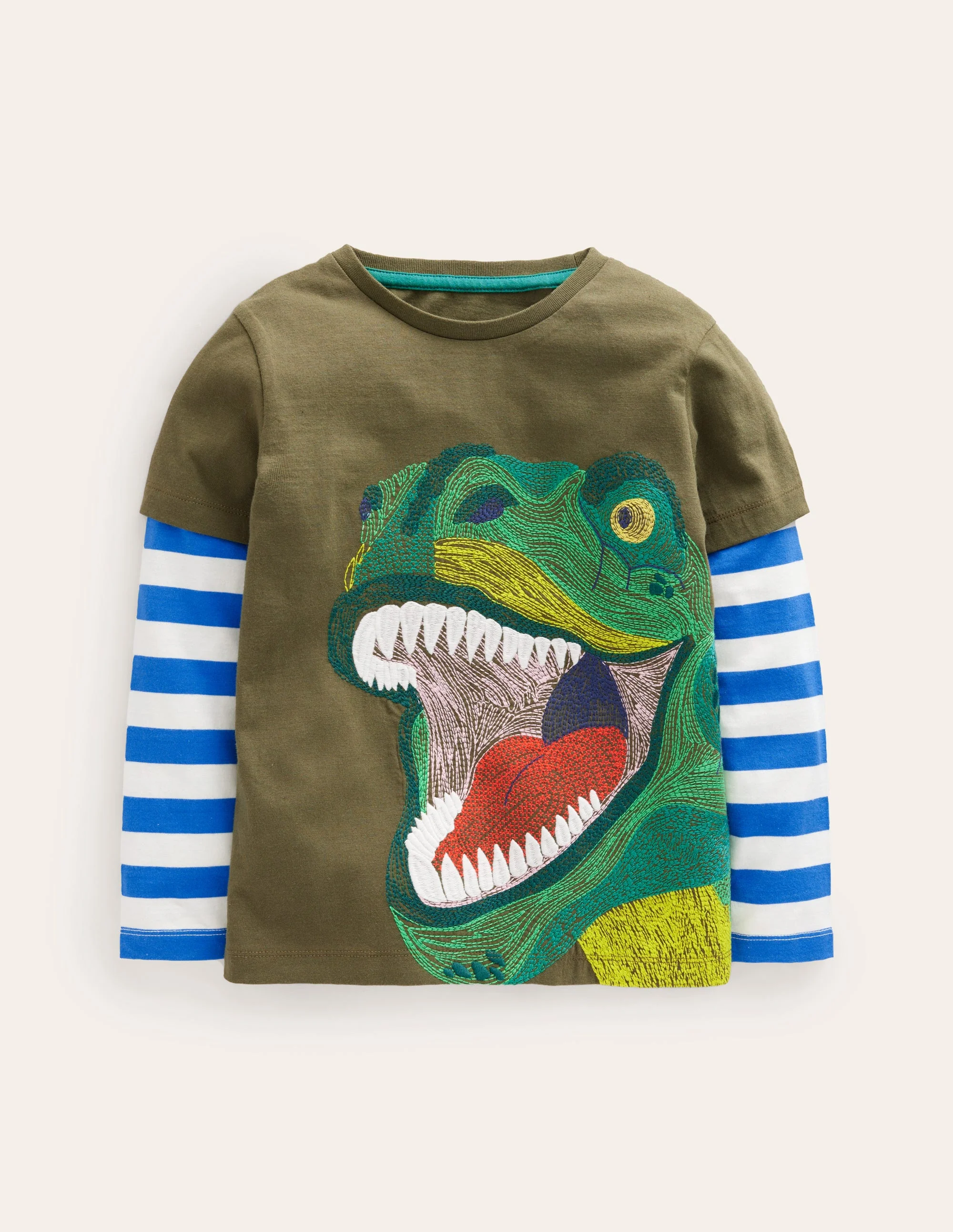 T-Shirt mit Applikation im Lagenlook-Klassisches Khaki Dino