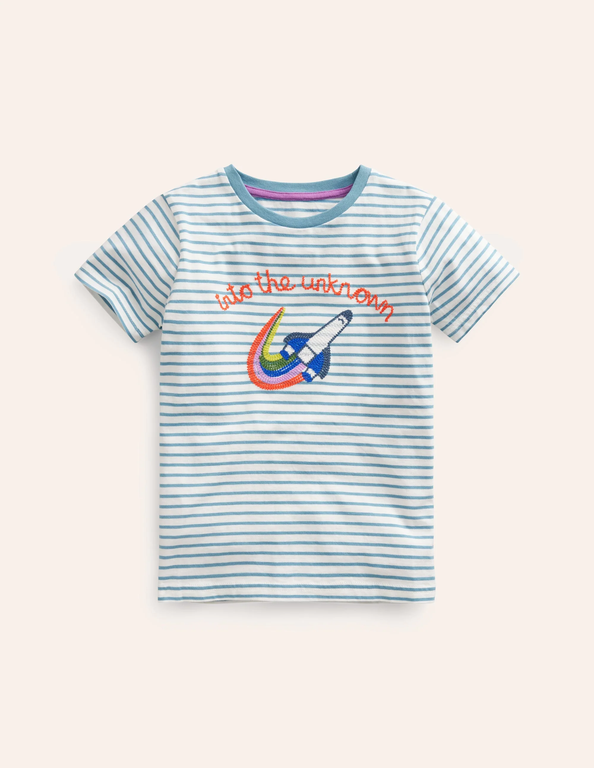 T-Shirt mit aufgestickter Grafik-Saphirblau/Naturweiß Rakete