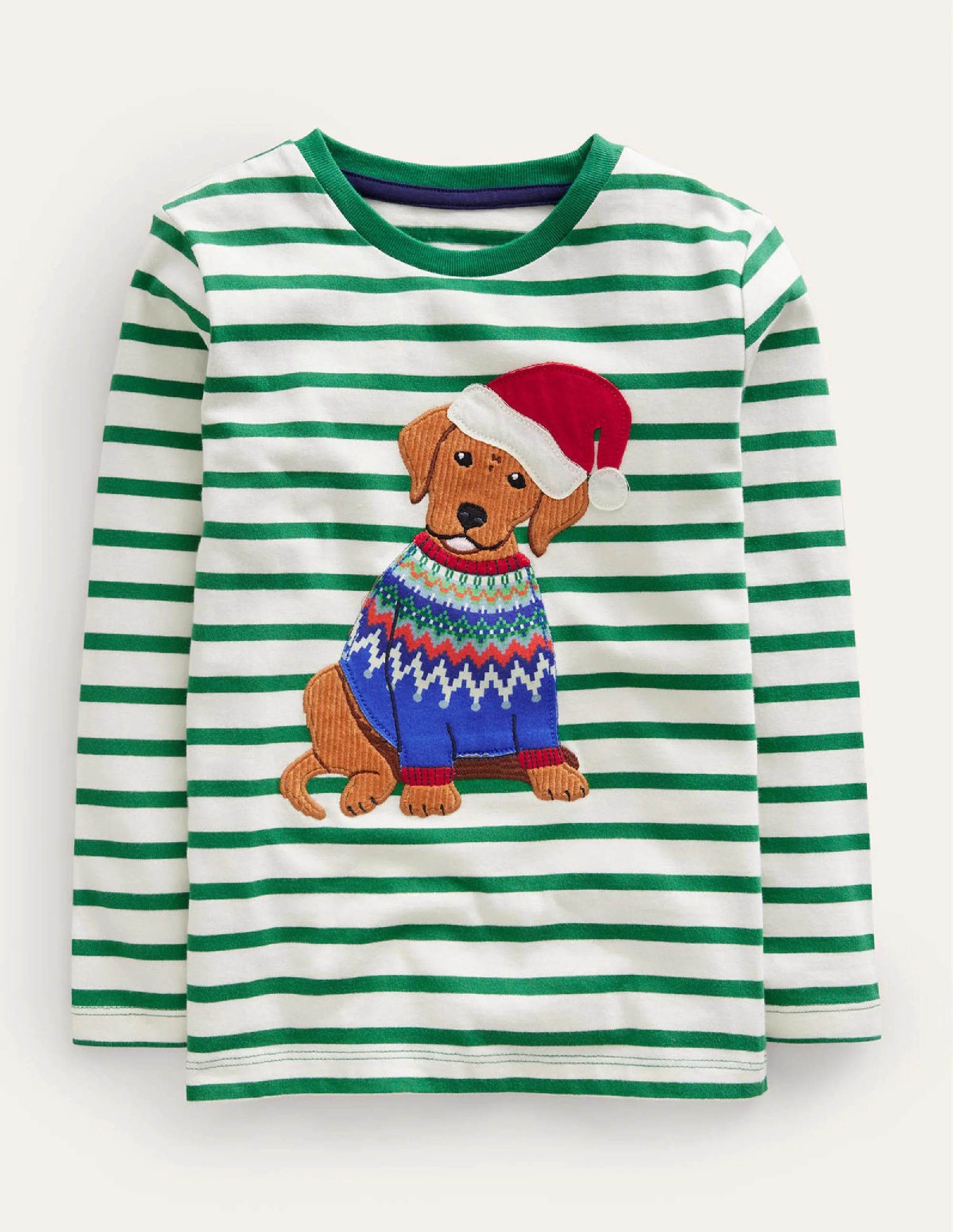 T-Shirt mit festlicher Applikation-Tiefgrün/Naturweiß Hund