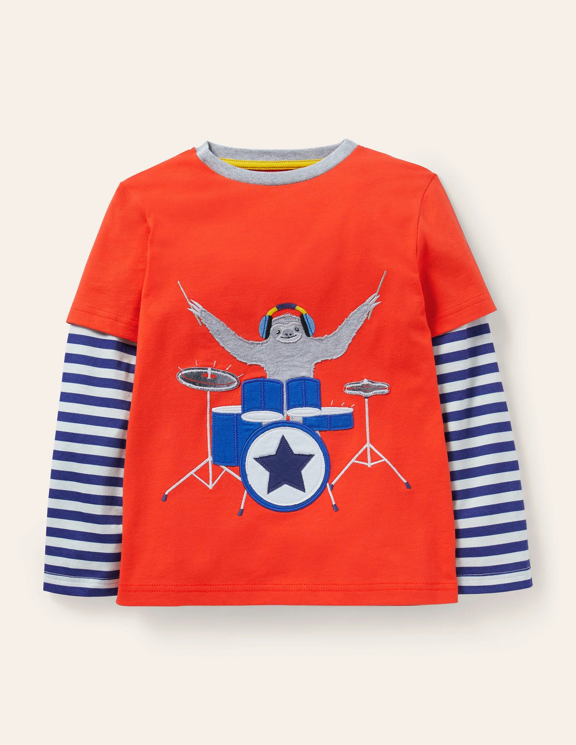 T-Shirt mit gestufter Musik-Applikation-Raketenrot, Faultier