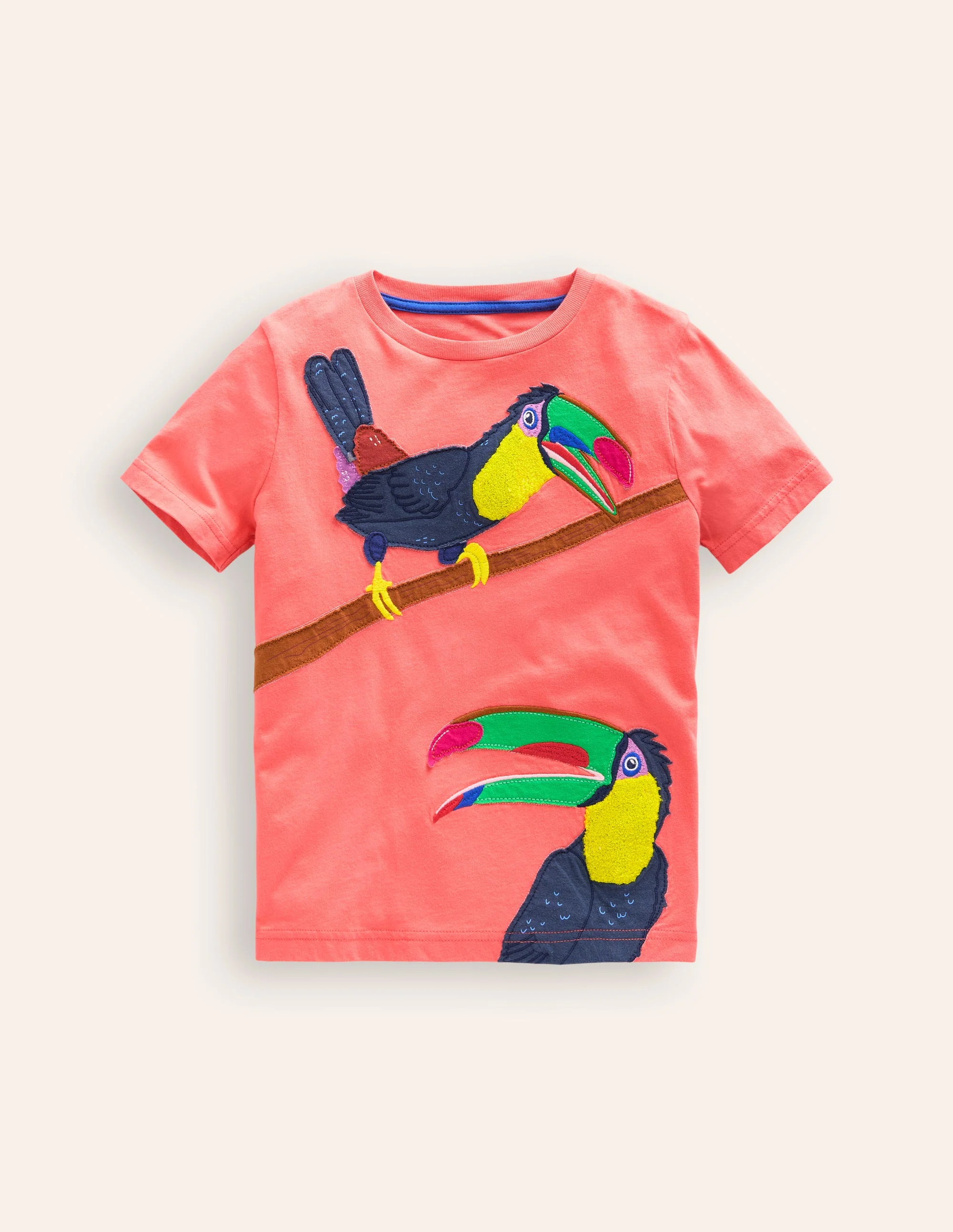 T-Shirt mit großen Tierapplikationen-Korallenrosa Tukane