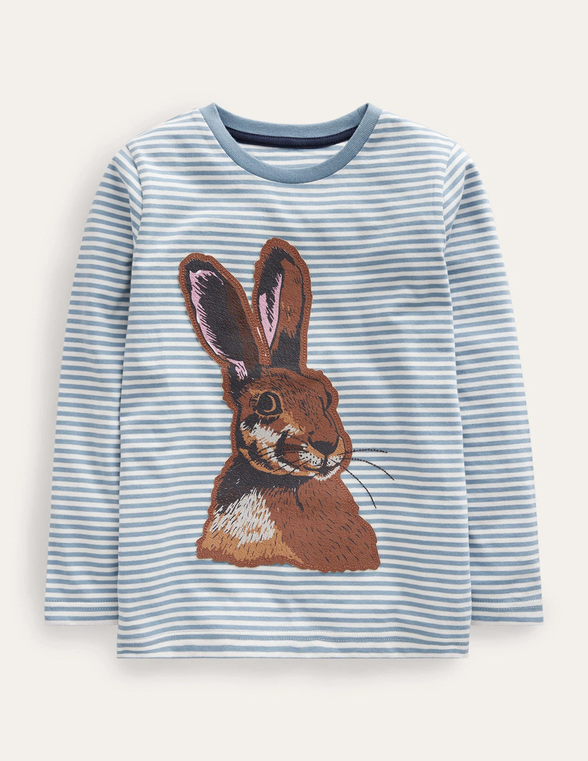 T-Shirt mit Hasen-Applikation-Kieselblau/Naturweiß Hase