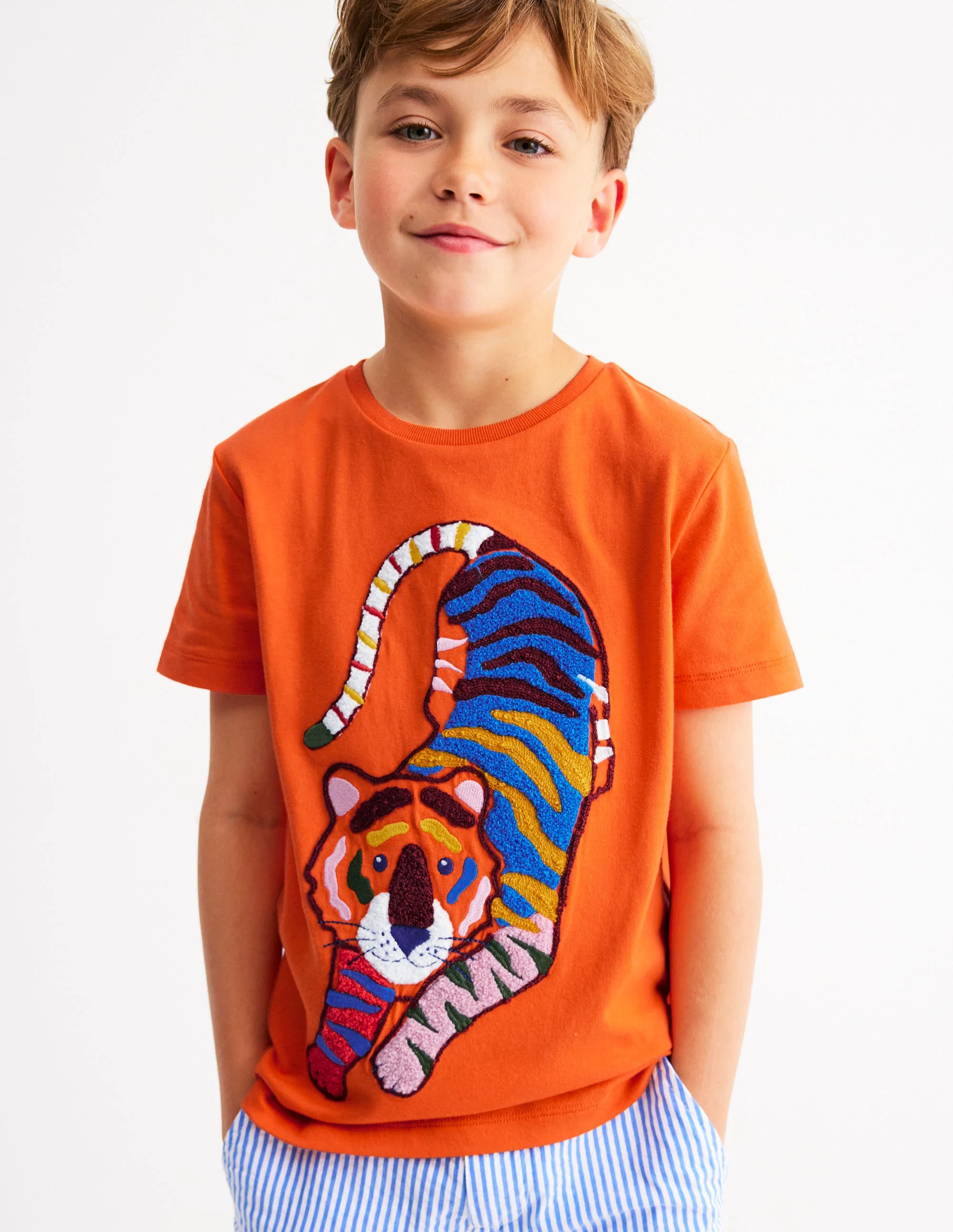 T-Shirt mit Kreuzstich-Korallenrot Tiger
