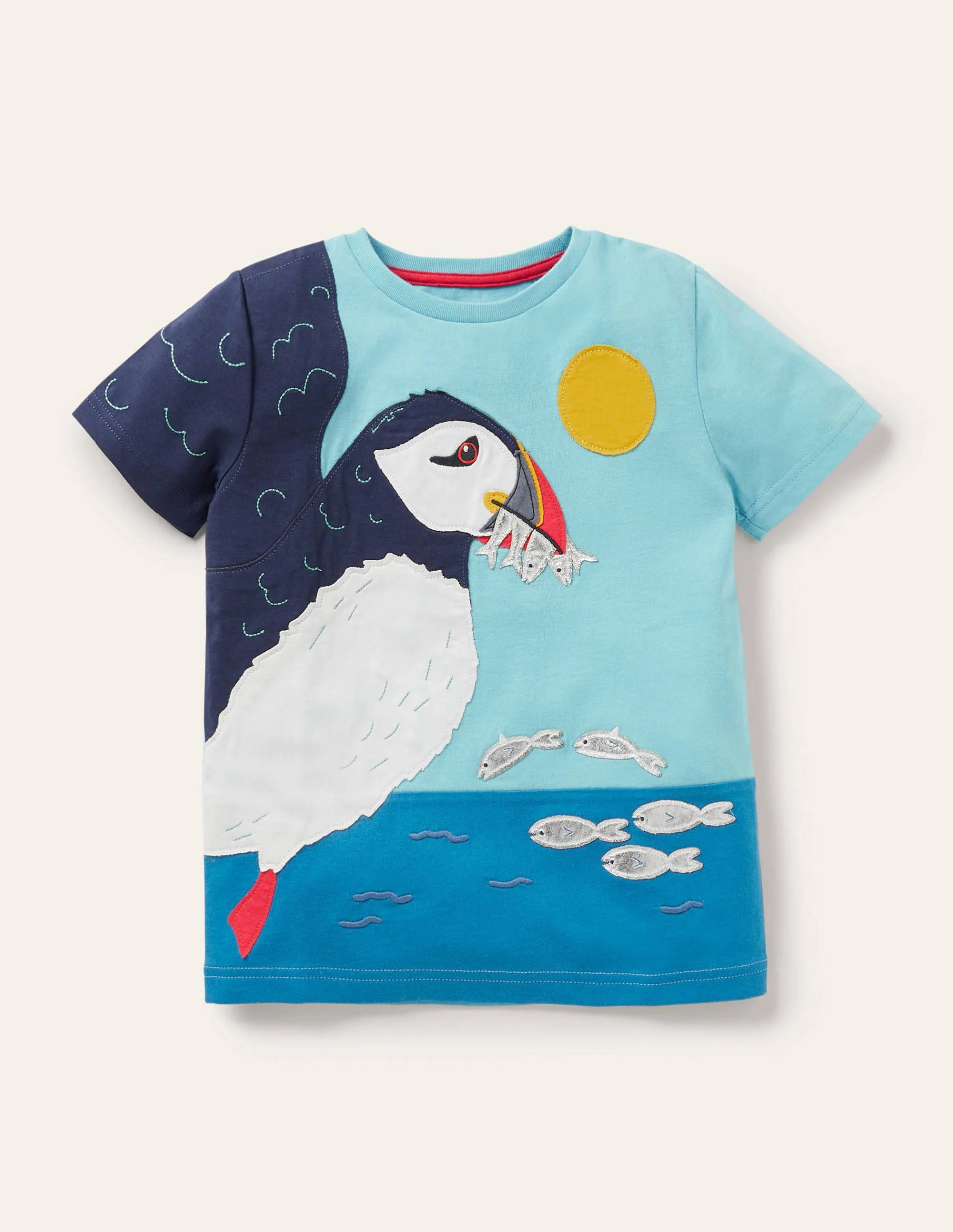 T-Shirt mit Papageitaucher-Applikation-Surfbrett-Blau, Papageitaucher
