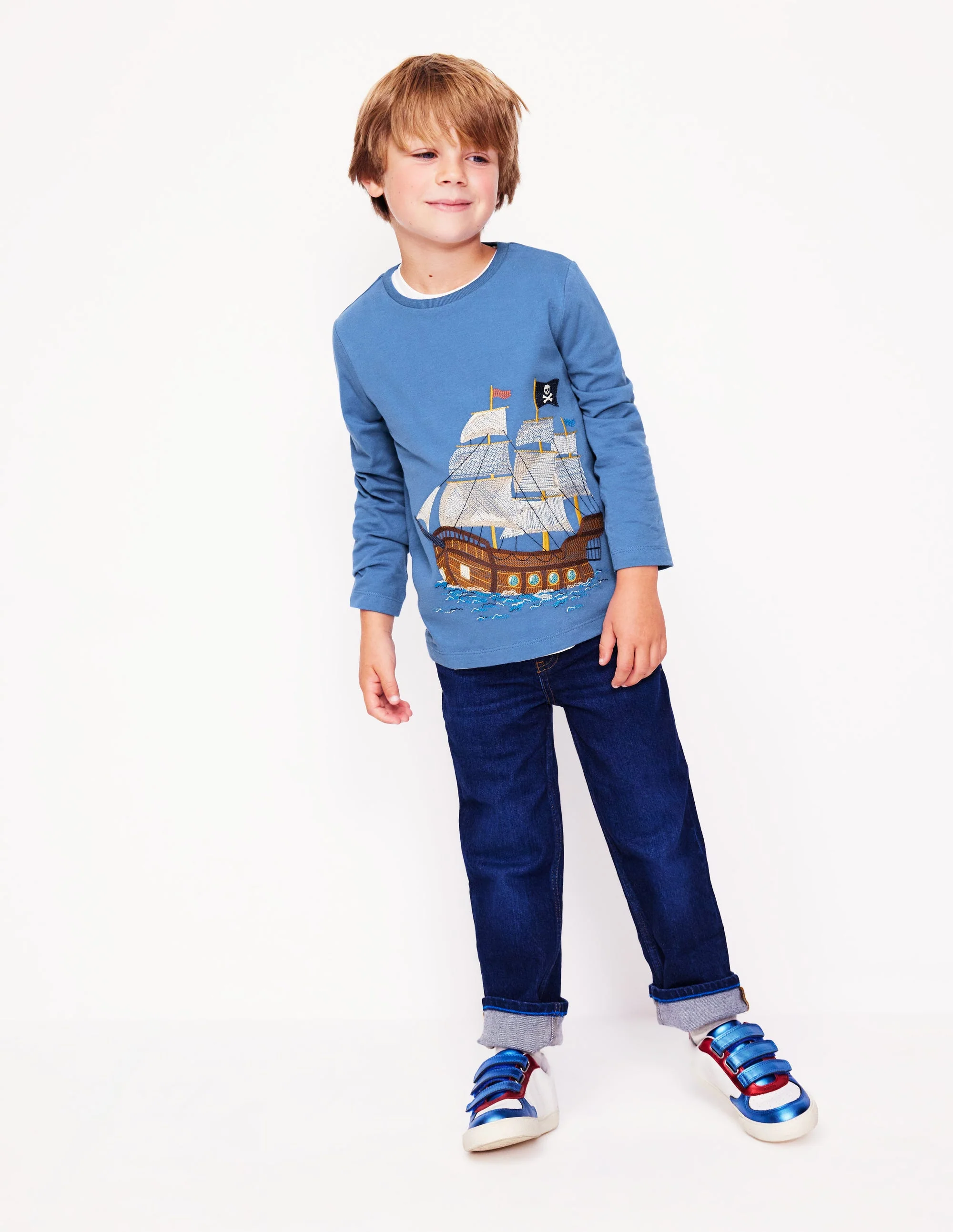 T-Shirt mit Superstitch-Design-Blauhäher Piratenschiff