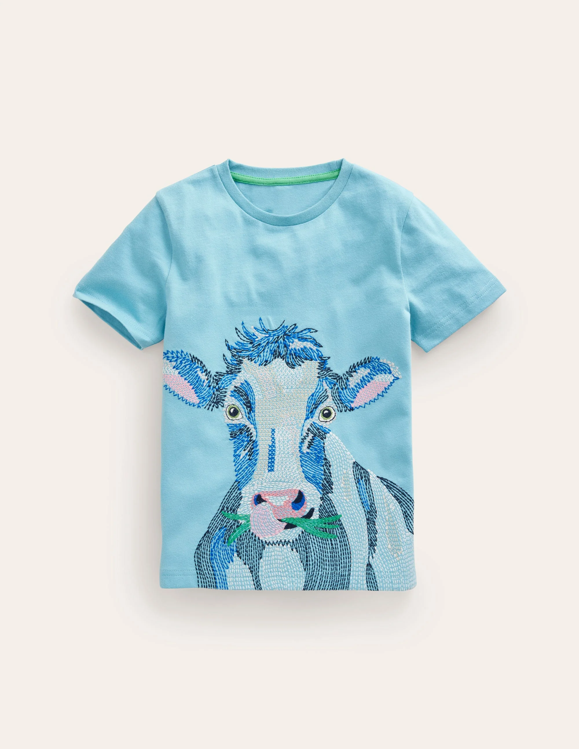 T-Shirt mit Tier-Superstitch-Ritterspornblau Kuh