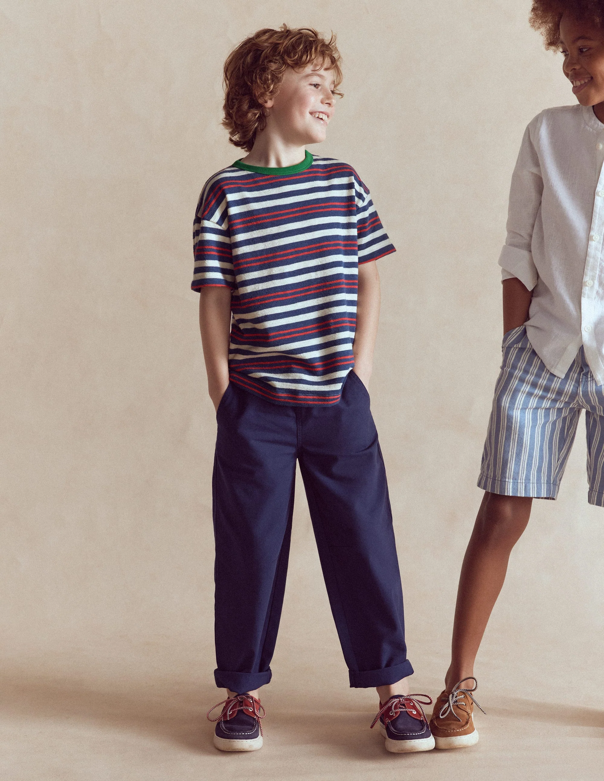 Texturiertes, gestreiftes T-Shirt-Denim-Blau/Marmeladenrot - Image 2