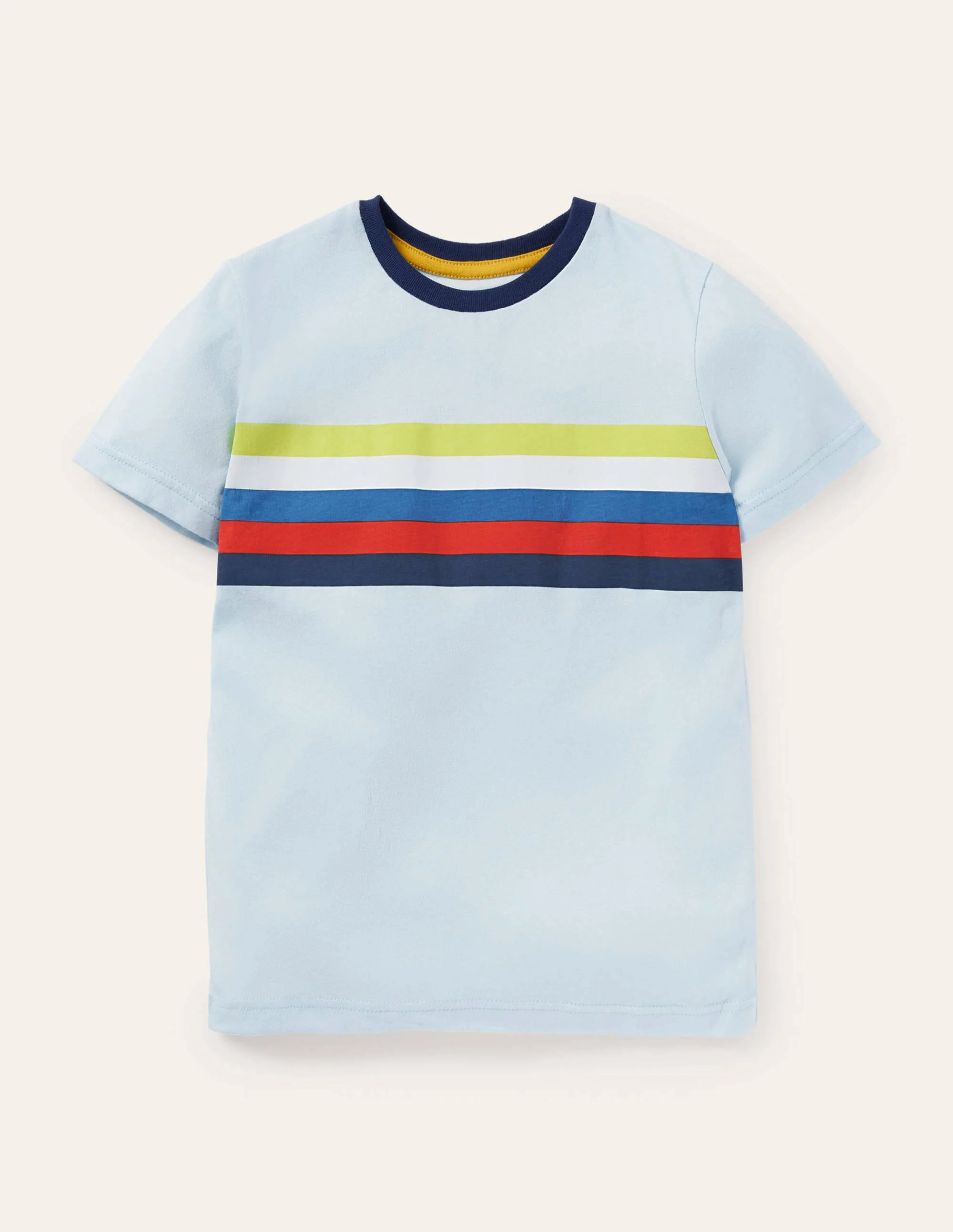 Vorgewaschenes T-Shirt aus Flammgarn-Eisblau, Regenbogenstreifen auf der Brust