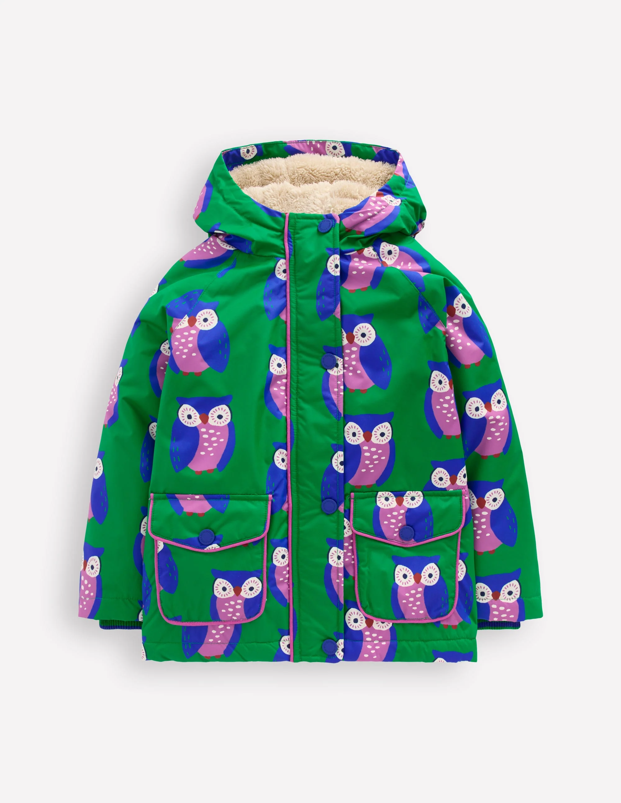 Anorak mit Sherpa-Futter-Sattes Smaragdgrün Geometrisches Muster Eulen