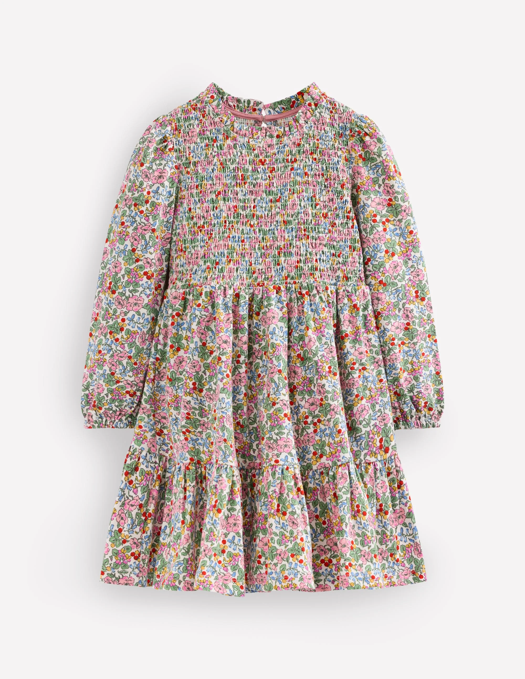 Aurora Langärmliges Kleid-Weiches Naturweiß Beere Blumenmuster