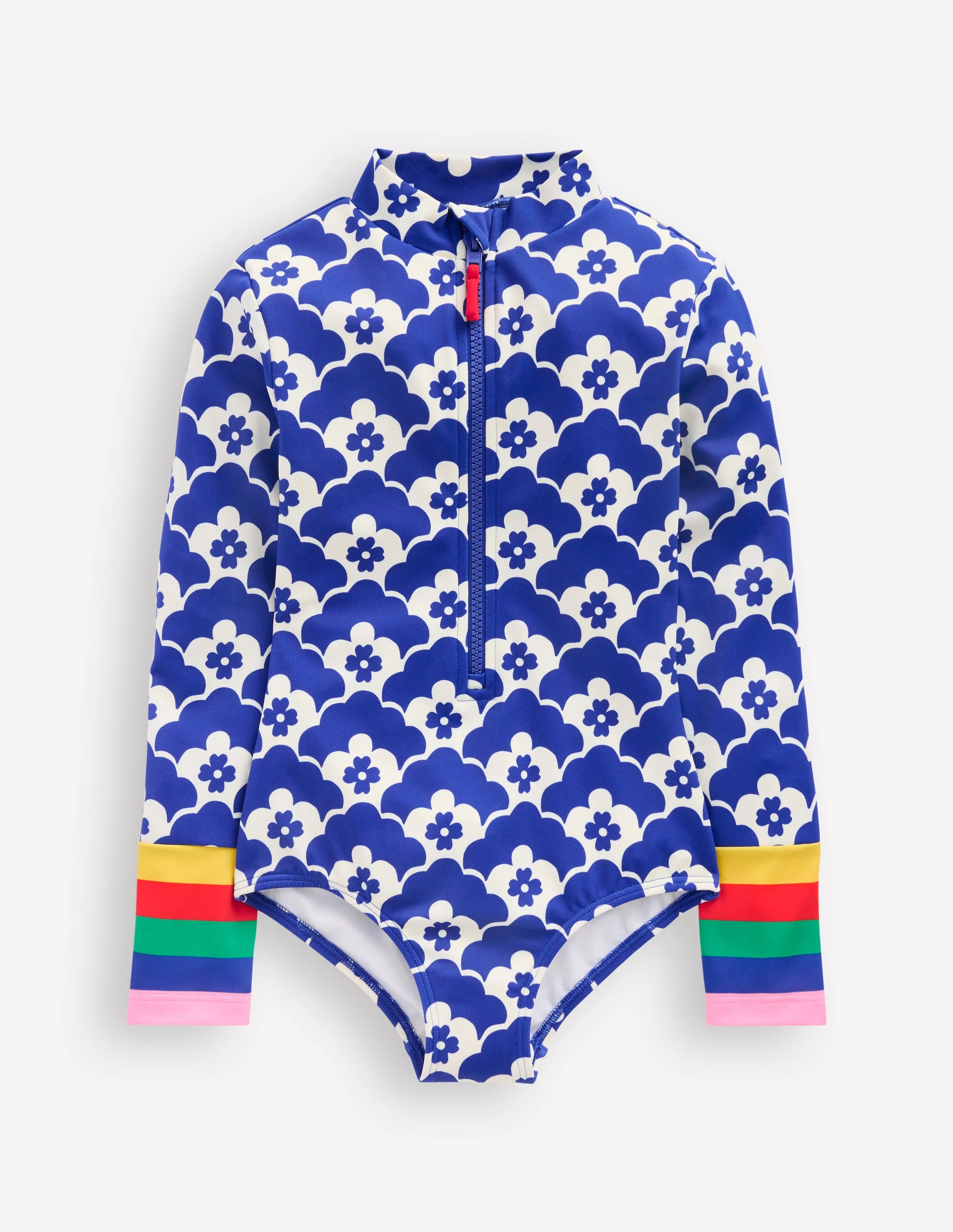 Badeanzug mit langen Ärmeln-Orionblau Blumen Geo