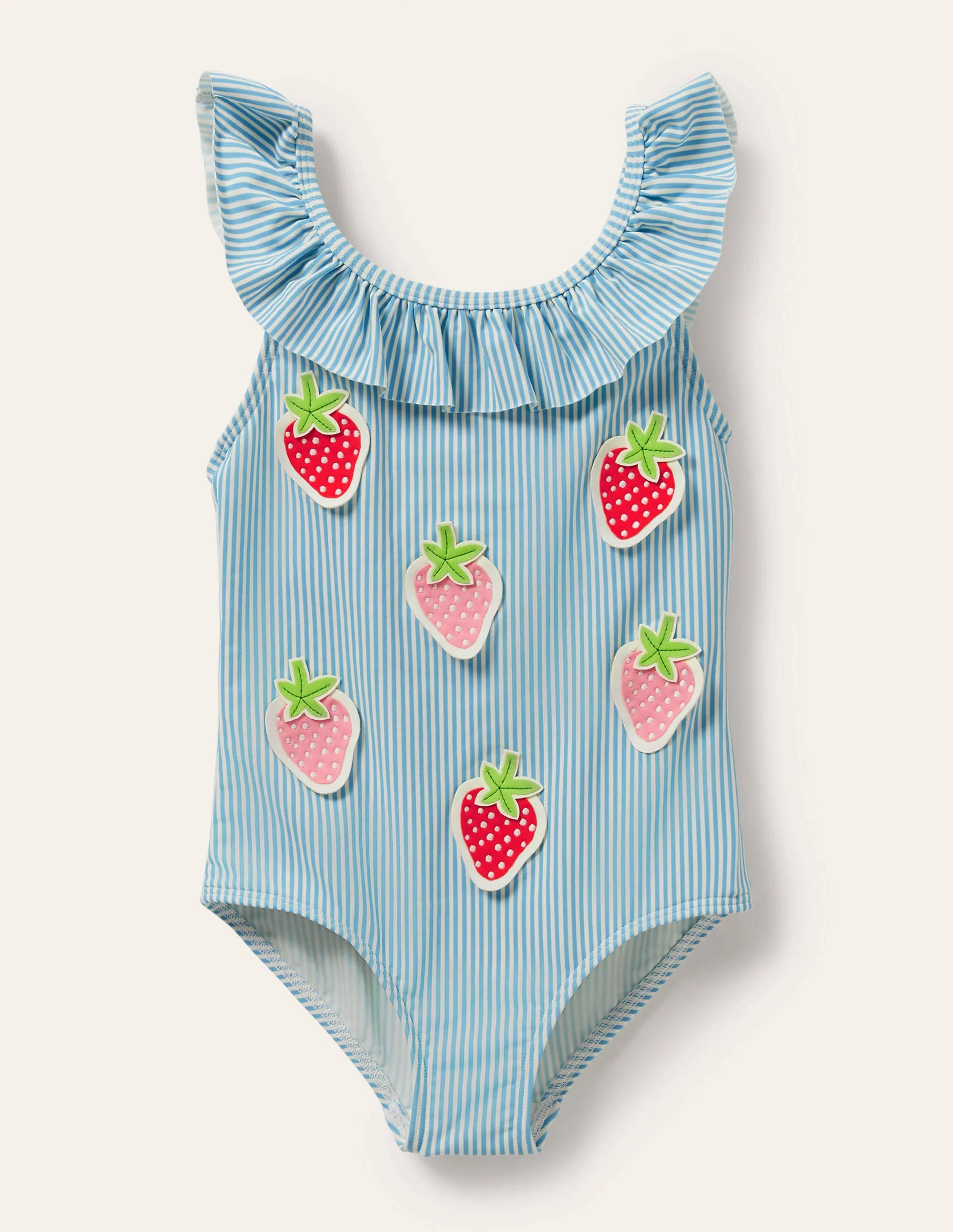 Badeanzug mit Rüschenkragen-Blau/Naturweiß, Feine Streifen/Erdbeeren