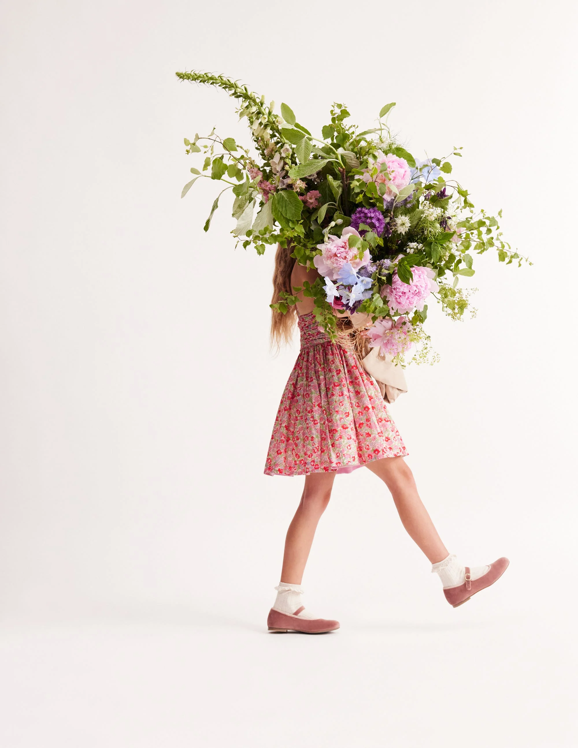 Baumwoll-Leinen-Kleid mit Rüschen-Kaugummi Pfingstrose Blumenmuster - Image 2