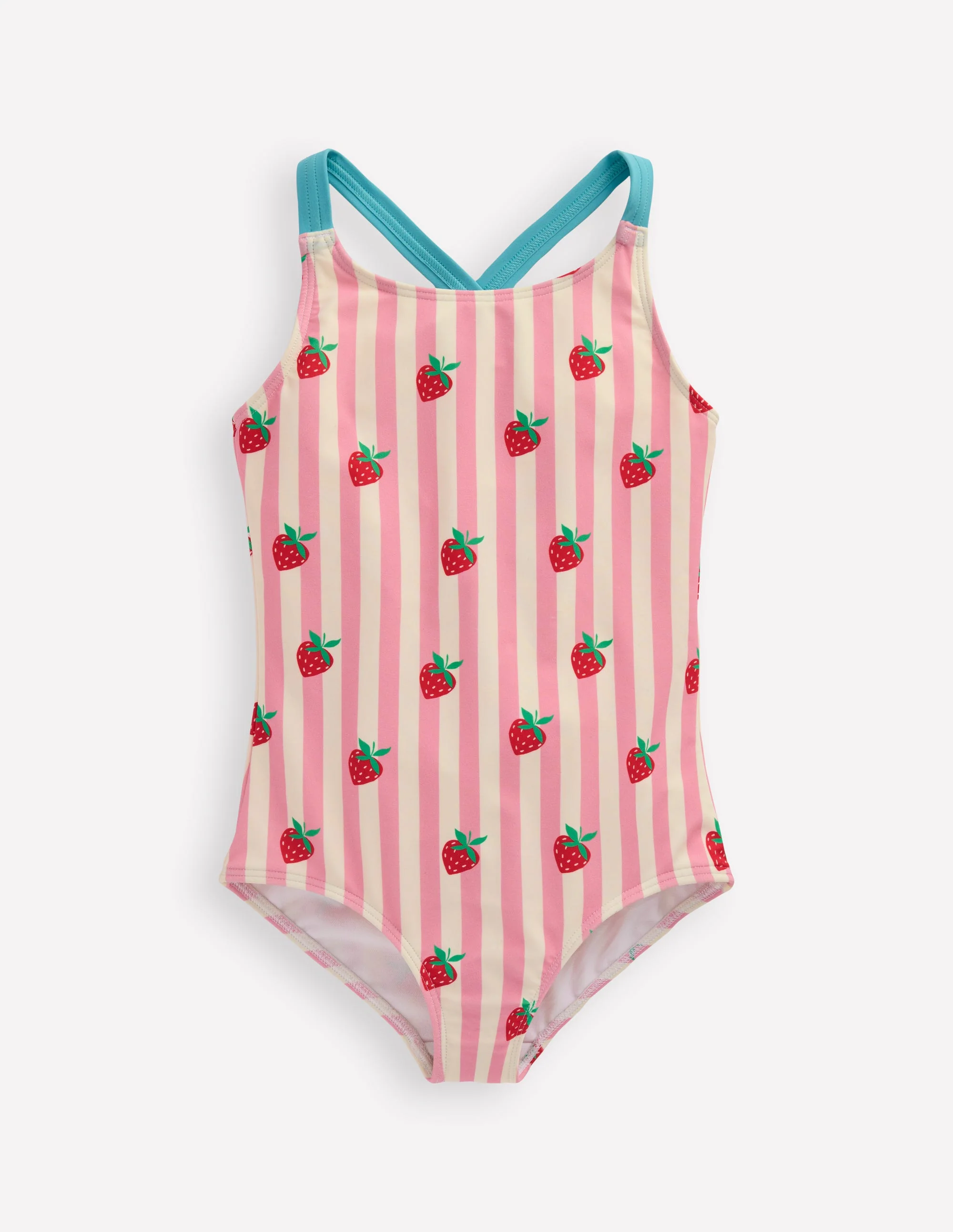 Bedruckter Badeanzug mit gekreuzten Trägern-Rosa Erdbeermuster Streifen