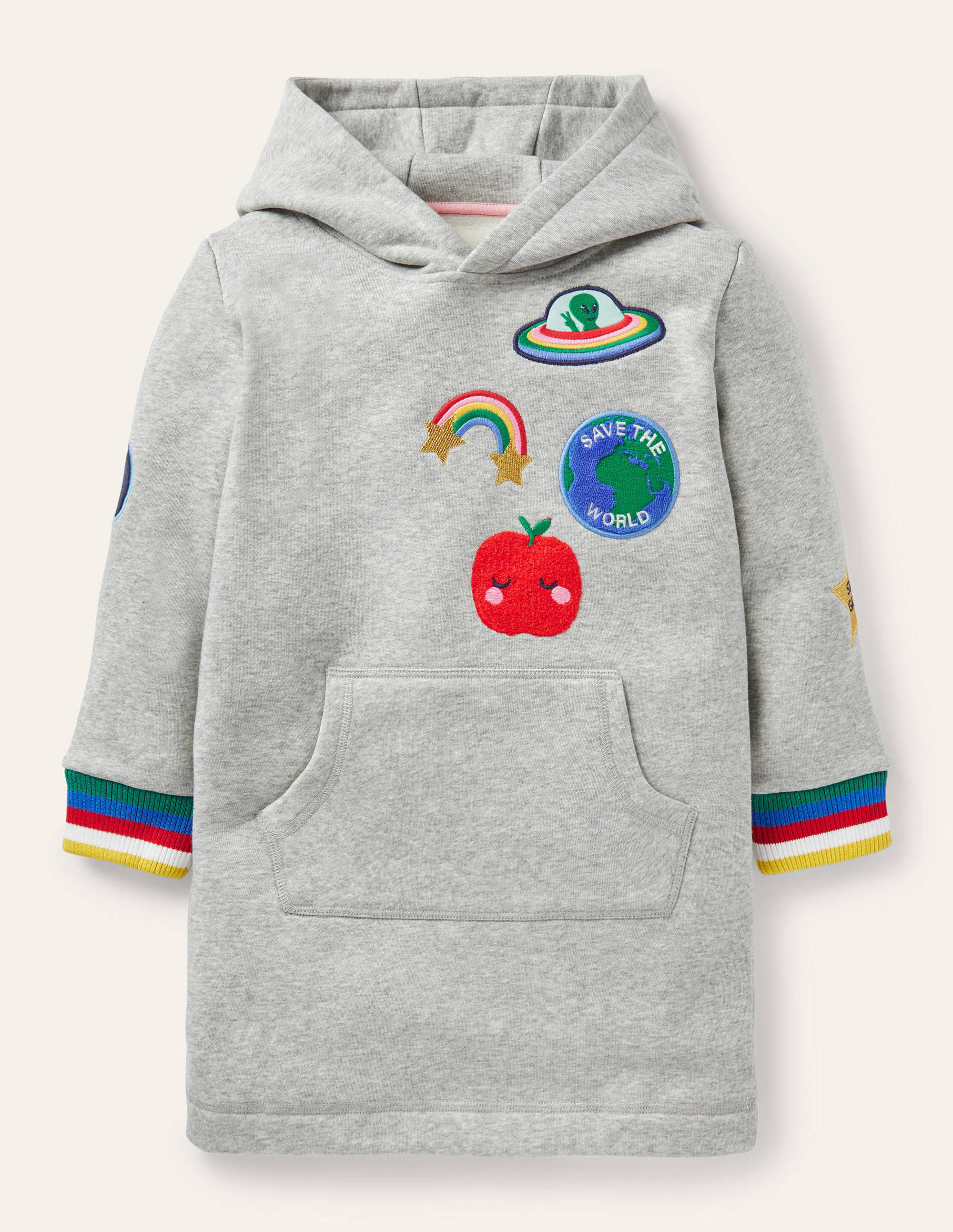 Bequemes Sweatshirt-Kleid mit Kapuze-Grau Meliert, Abzeichen