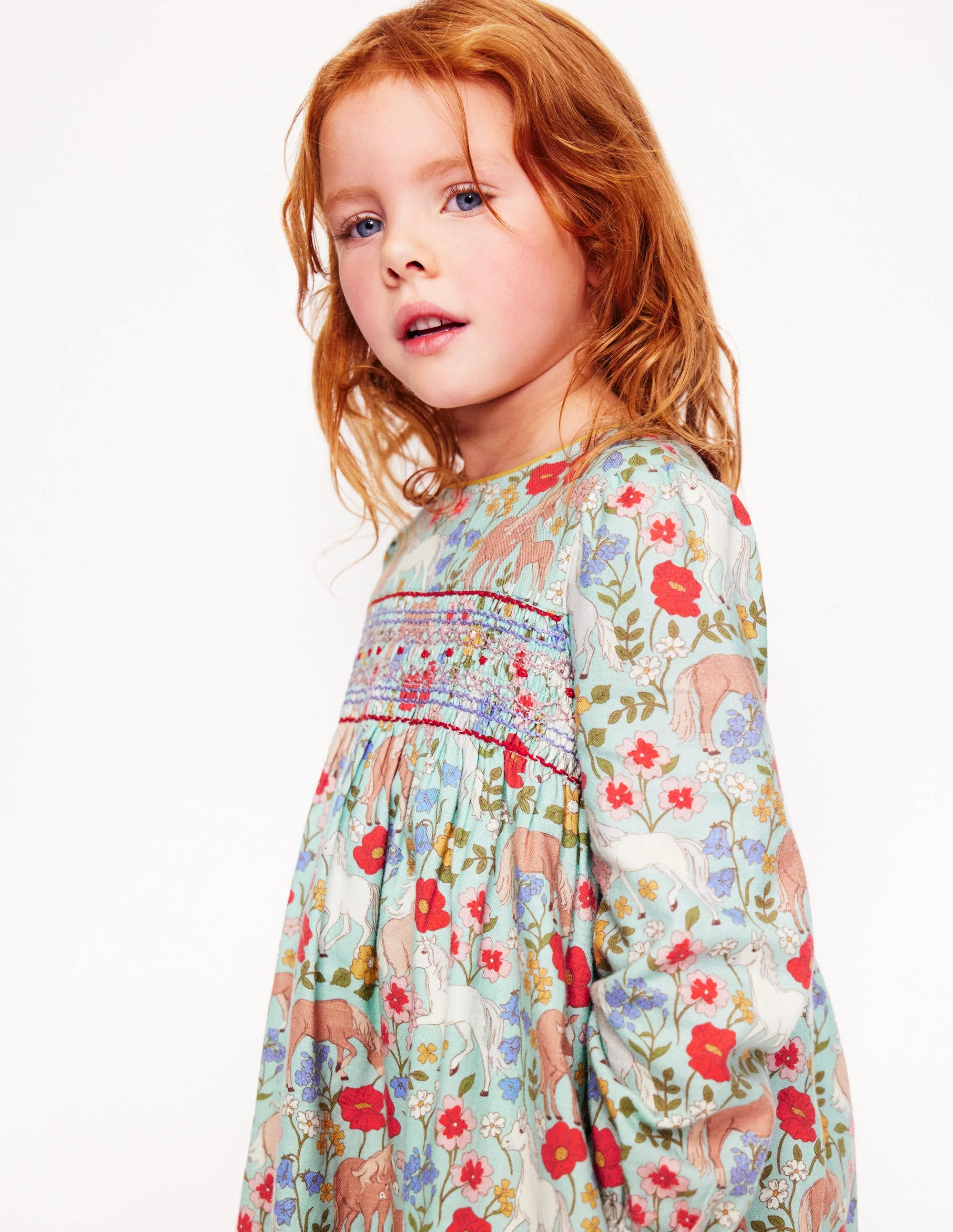 Bess Gesmoktes Kleid-Eisblau Pony Blumenmuster - Image 3