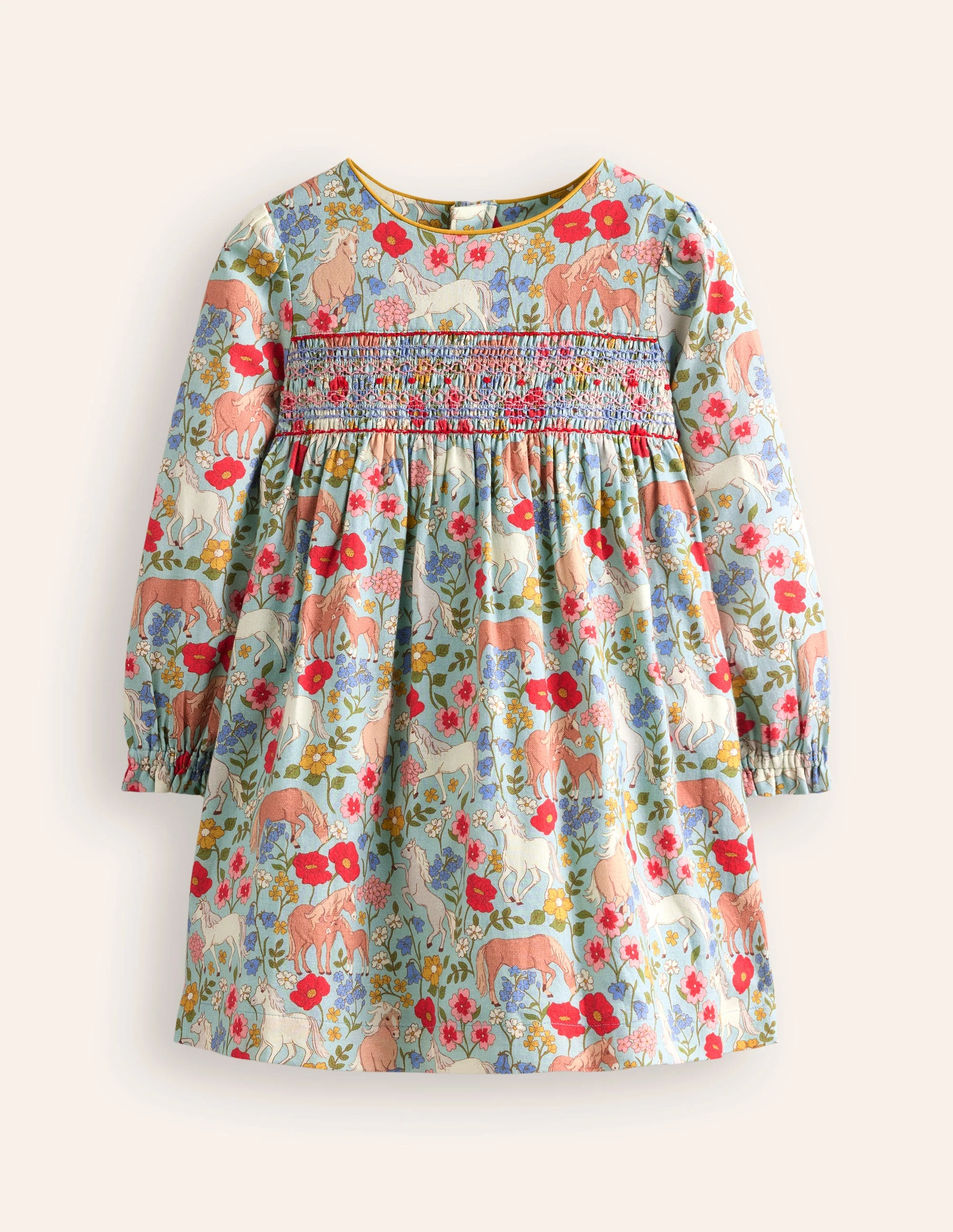 Bess Gesmoktes Kleid-Eisblau Pony Blumenmuster - Image 4